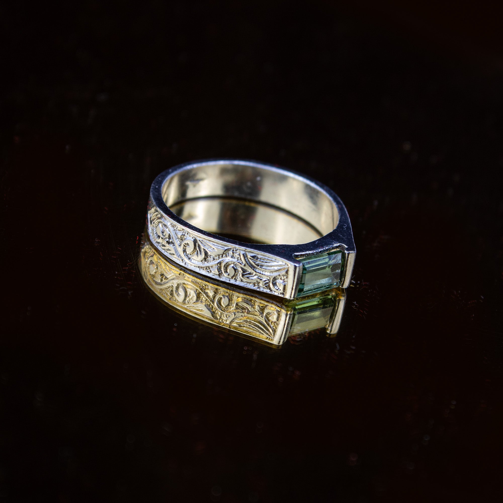 Afghan Forest Green Tourmaline Signet Ring in 925 Sterling Silver – Engraved Band – Natural Gemstone Ring – Size 20 mm