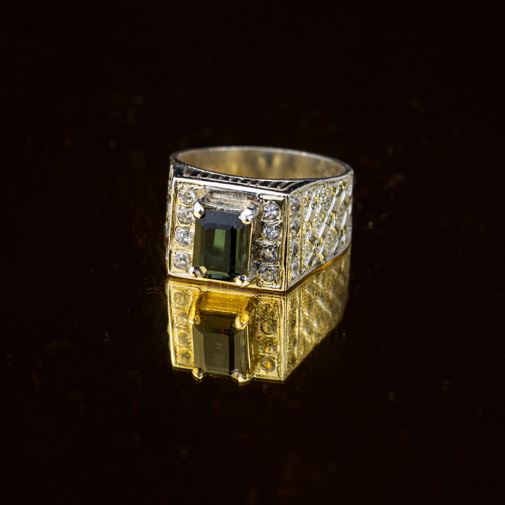 Forest Green Tourmaline Statement Ring in 925 Sterling Silver – Emerald Cut with Zircon Accents – Luxury Signet Ring – Size 19.5 mm