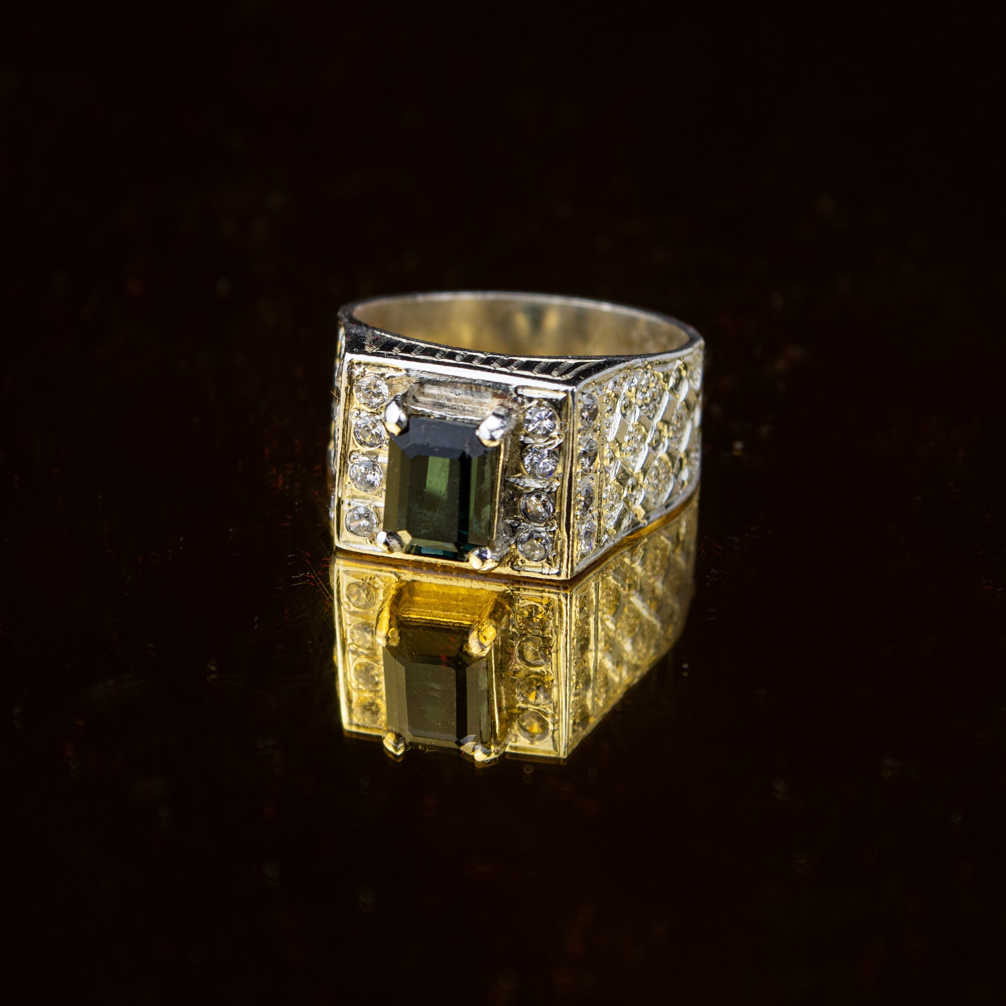 Forest Green Tourmaline Statement Ring in 925 Sterling Silver – Emerald Cut with Zircon Accents – Luxury Signet Ring – Size 19.5 mm