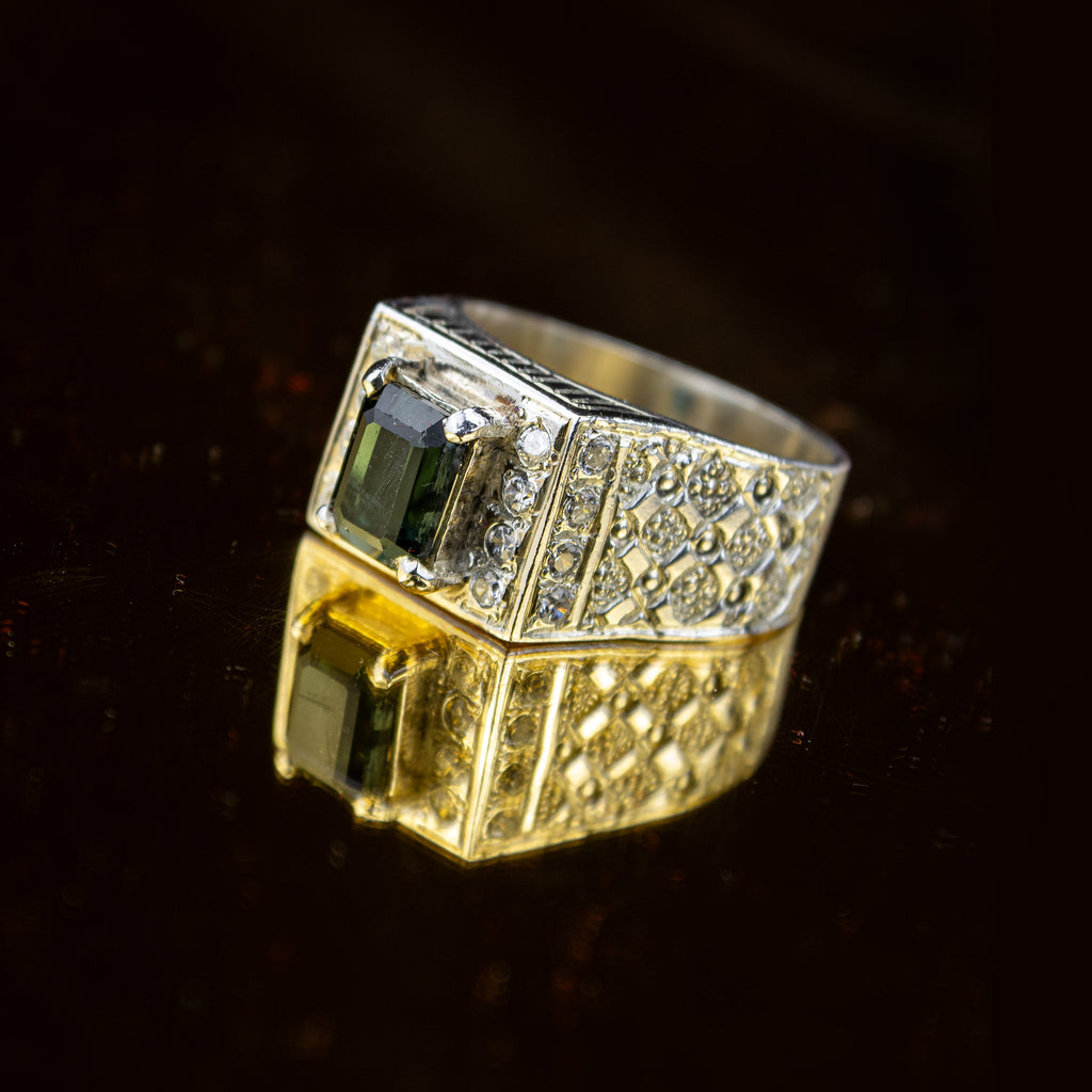 Forest Green Tourmaline Statement Ring in 925 Sterling Silver – Emerald Cut with Zircon Accents – Luxury Signet Ring – Size 19.5 mm