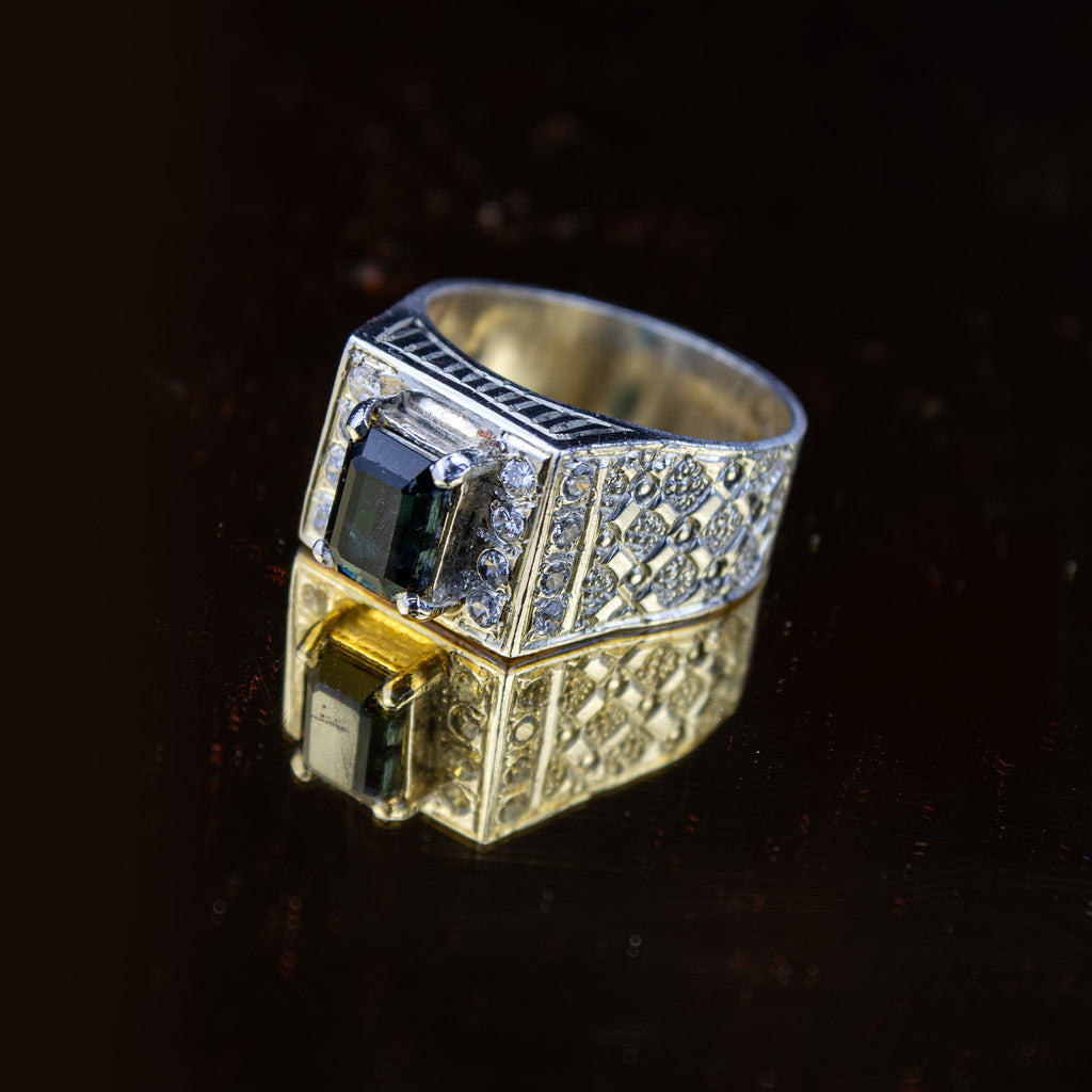 Forest Green Tourmaline Statement Ring in 925 Sterling Silver – Emerald Cut with Zircon Accents – Luxury Signet Ring – Size 19.5 mm