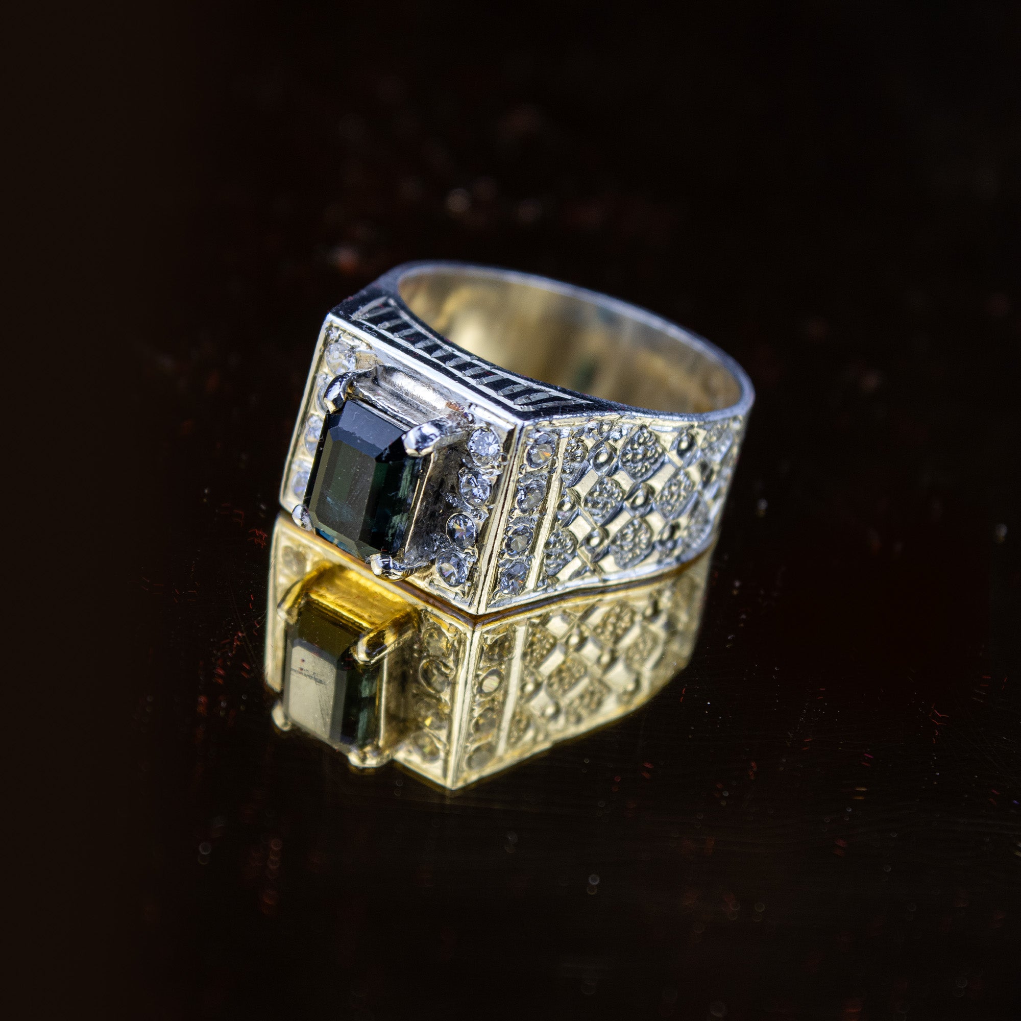 Forest Green Tourmaline Statement Ring in 925 Sterling Silver – Emerald Cut with Zircon Accents – Luxury Signet Ring – Size 19.5 mm