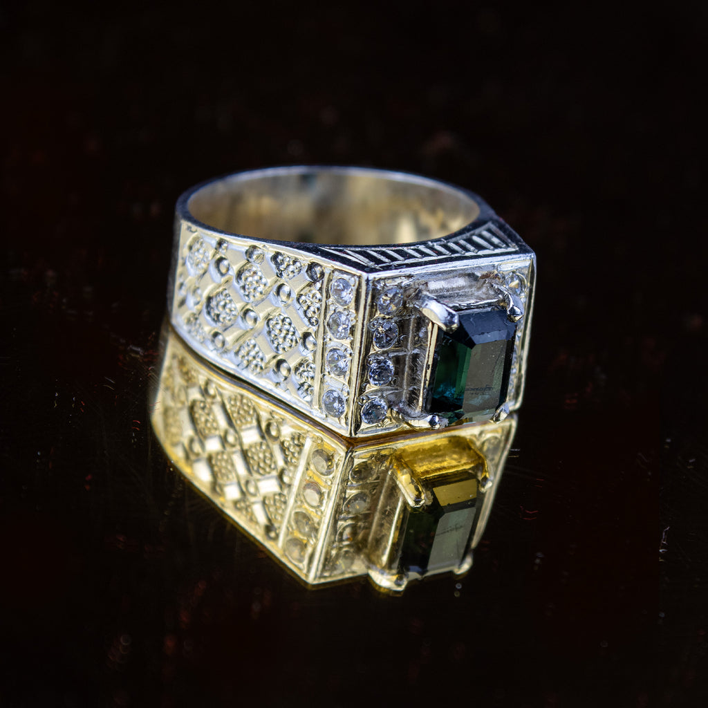 Forest Green Tourmaline Statement Ring in 925 Sterling Silver – Emerald Cut with Zircon Accents – Luxury Signet Ring – Size 19.5 mm