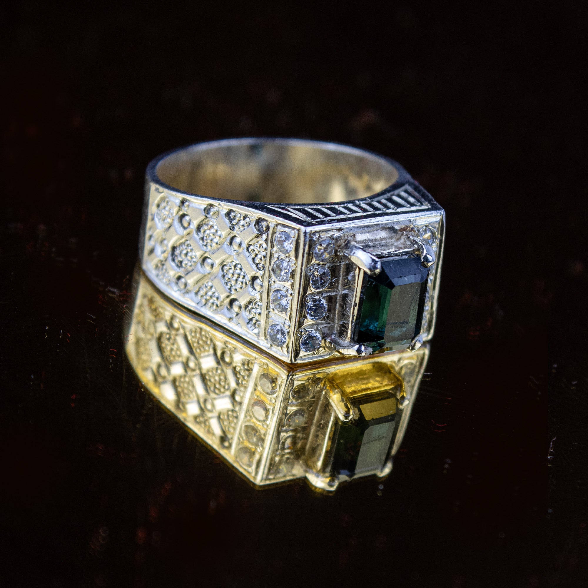 Forest Green Tourmaline Statement Ring in 925 Sterling Silver – Emerald Cut with Zircon Accents – Luxury Signet Ring – Size 19.5 mm