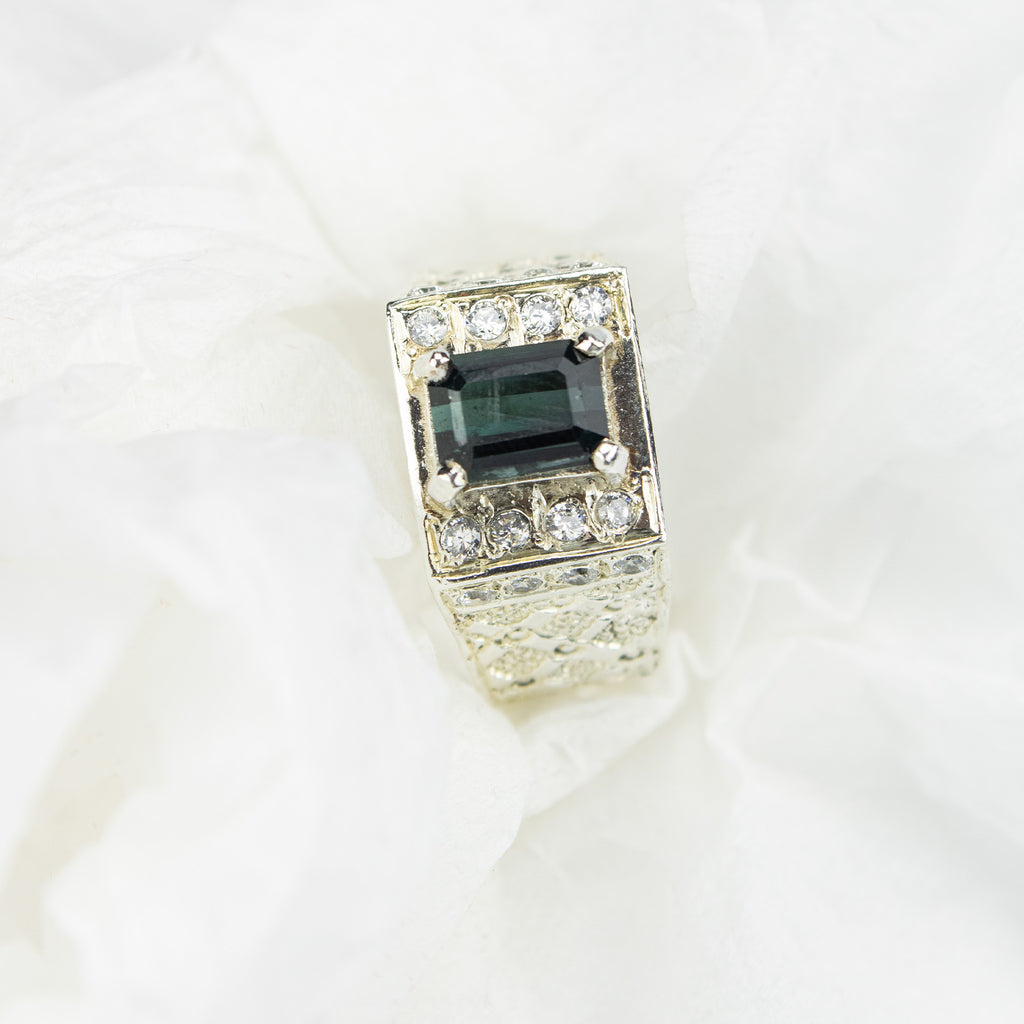 Forest Green Tourmaline Statement Ring in 925 Sterling Silver – Emerald Cut with Zircon Accents – Luxury Signet Ring – Size 19.5 mm