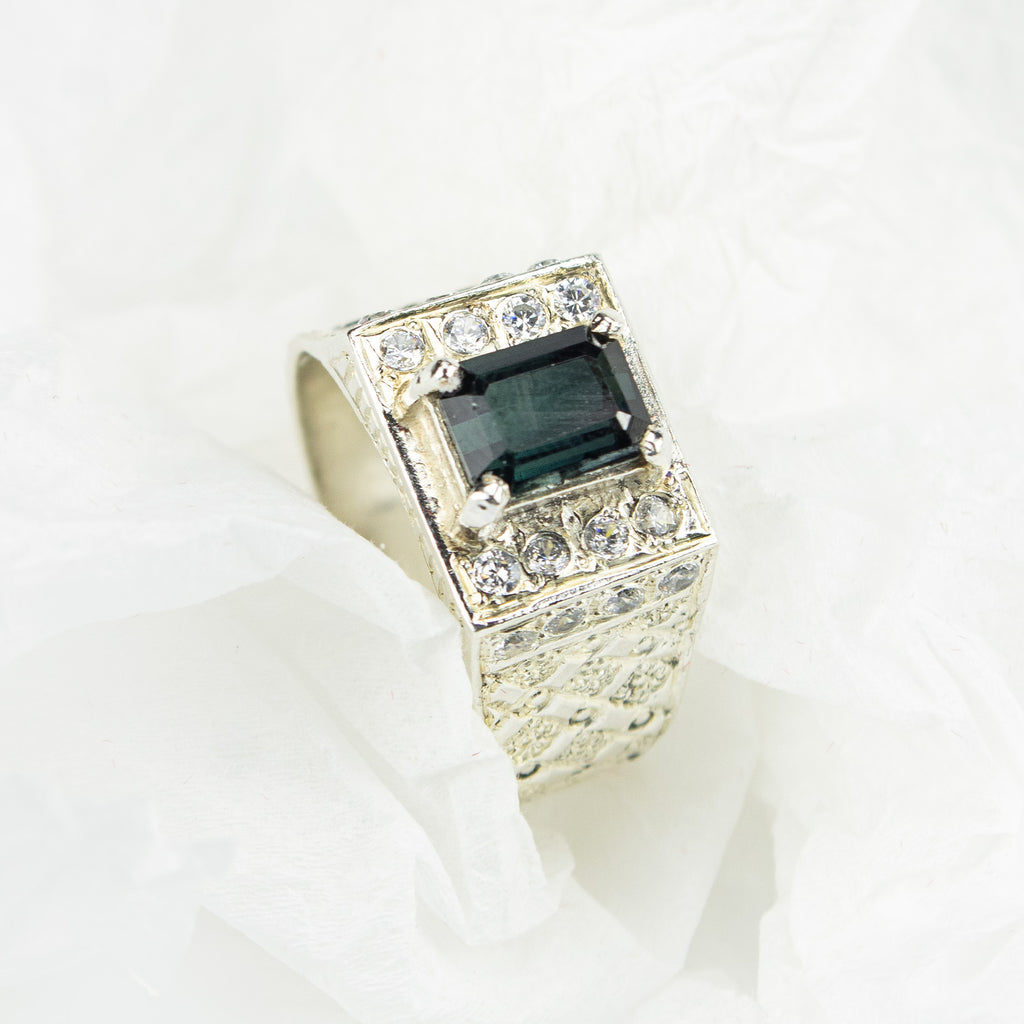Forest Green Tourmaline Statement Ring in 925 Sterling Silver – Emerald Cut with Zircon Accents – Luxury Signet Ring – Size 19.5 mm
