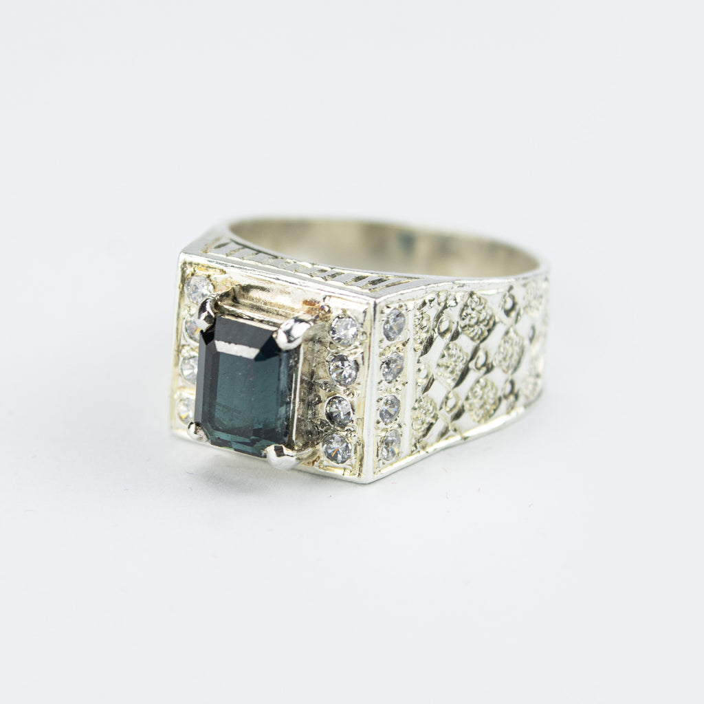 Forest Green Tourmaline Statement Ring in 925 Sterling Silver – Emerald Cut with Zircon Accents – Luxury Signet Ring – Size 19.5 mm