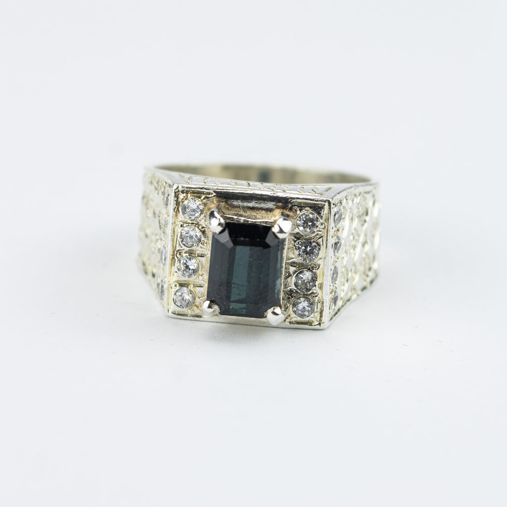 Forest Green Tourmaline Statement Ring in 925 Sterling Silver – Emerald Cut with Zircon Accents – Luxury Signet Ring – Size 19.5 mm