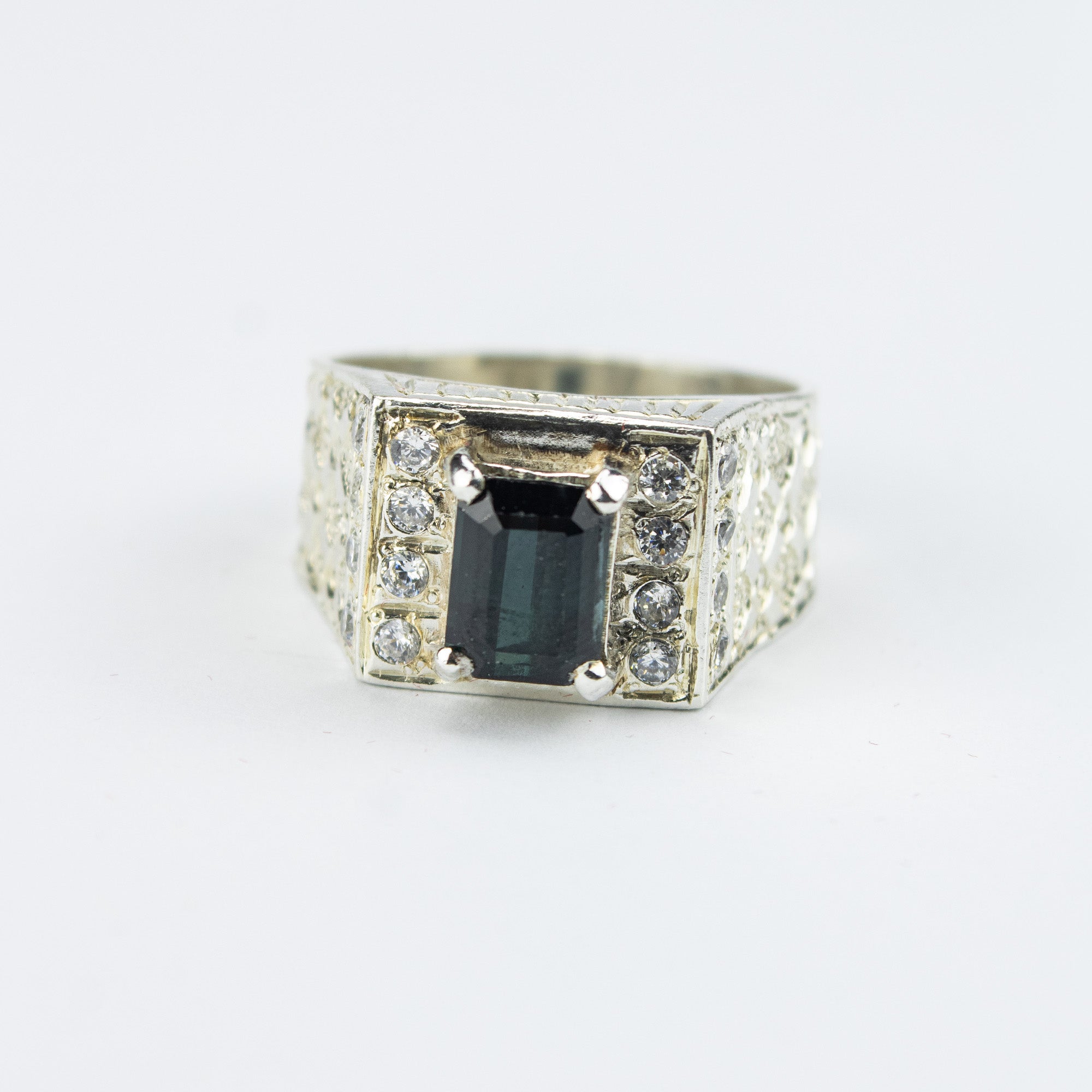 Forest Green Tourmaline Statement Ring in 925 Sterling Silver – Emerald Cut with Zircon Accents – Luxury Signet Ring – Size 19.5 mm