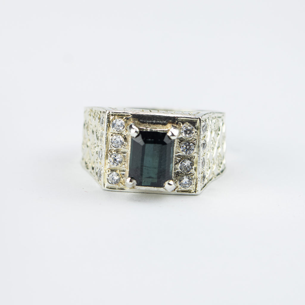 Forest Green Tourmaline Statement Ring in 925 Sterling Silver – Emerald Cut with Zircon Accents – Luxury Signet Ring – Size 19.5 mm