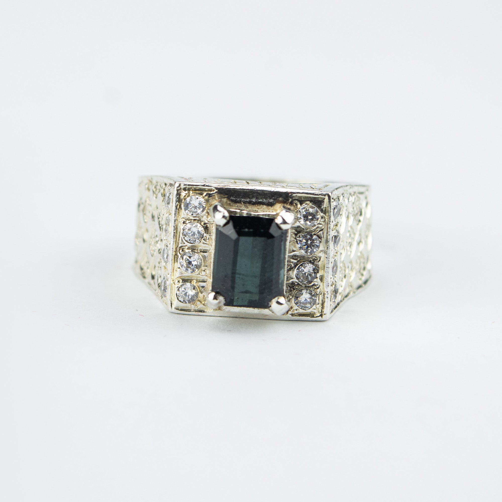 Forest Green Tourmaline Statement Ring in 925 Sterling Silver – Emerald Cut with Zircon Accents – Luxury Signet Ring – Size 19.5 mm