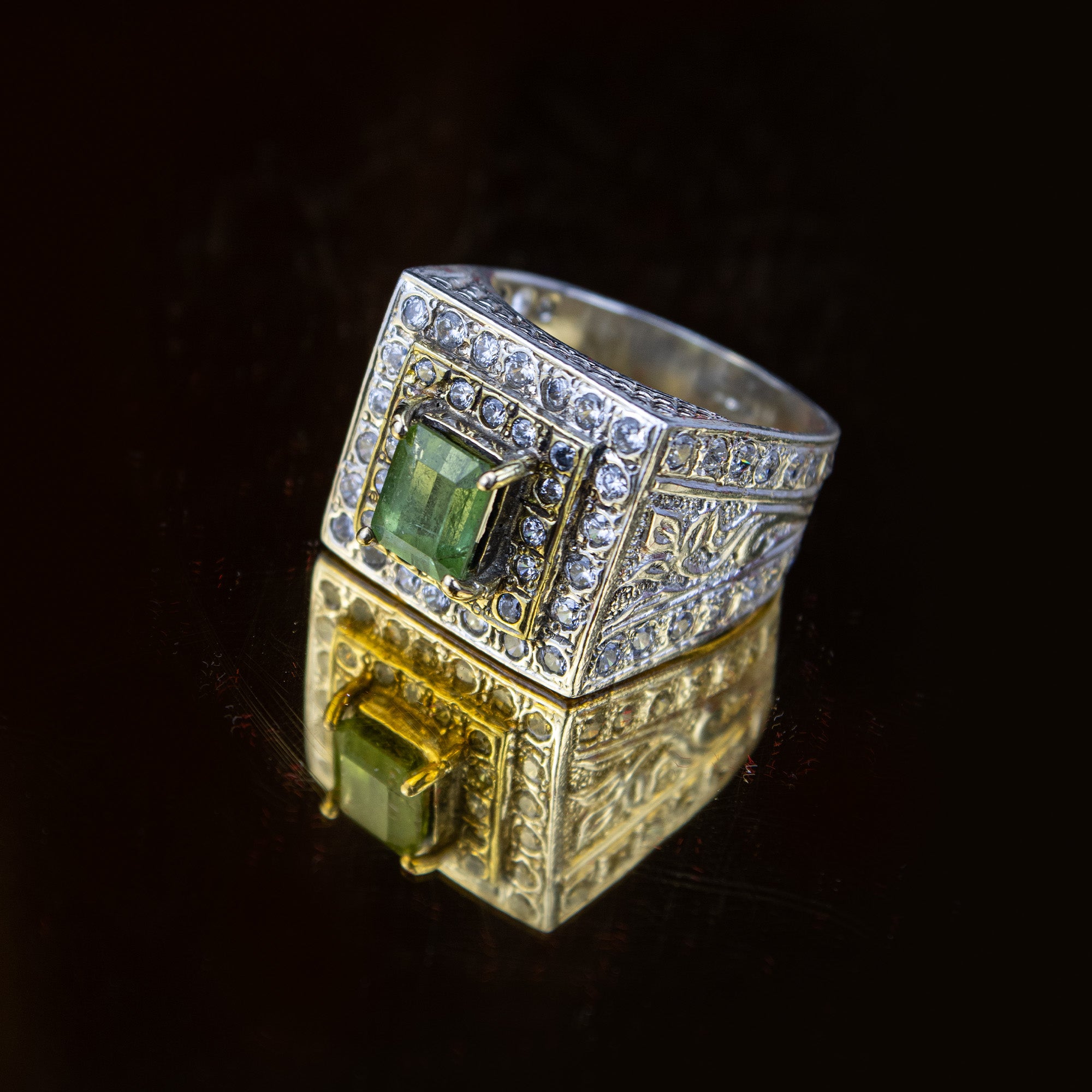 Afghan Bright Green Tourmaline Ring in 925 Sterling Silver – Square Cut Statement Ring with Stone Halo – Luxury Handmade Ring – Size 20 mm
