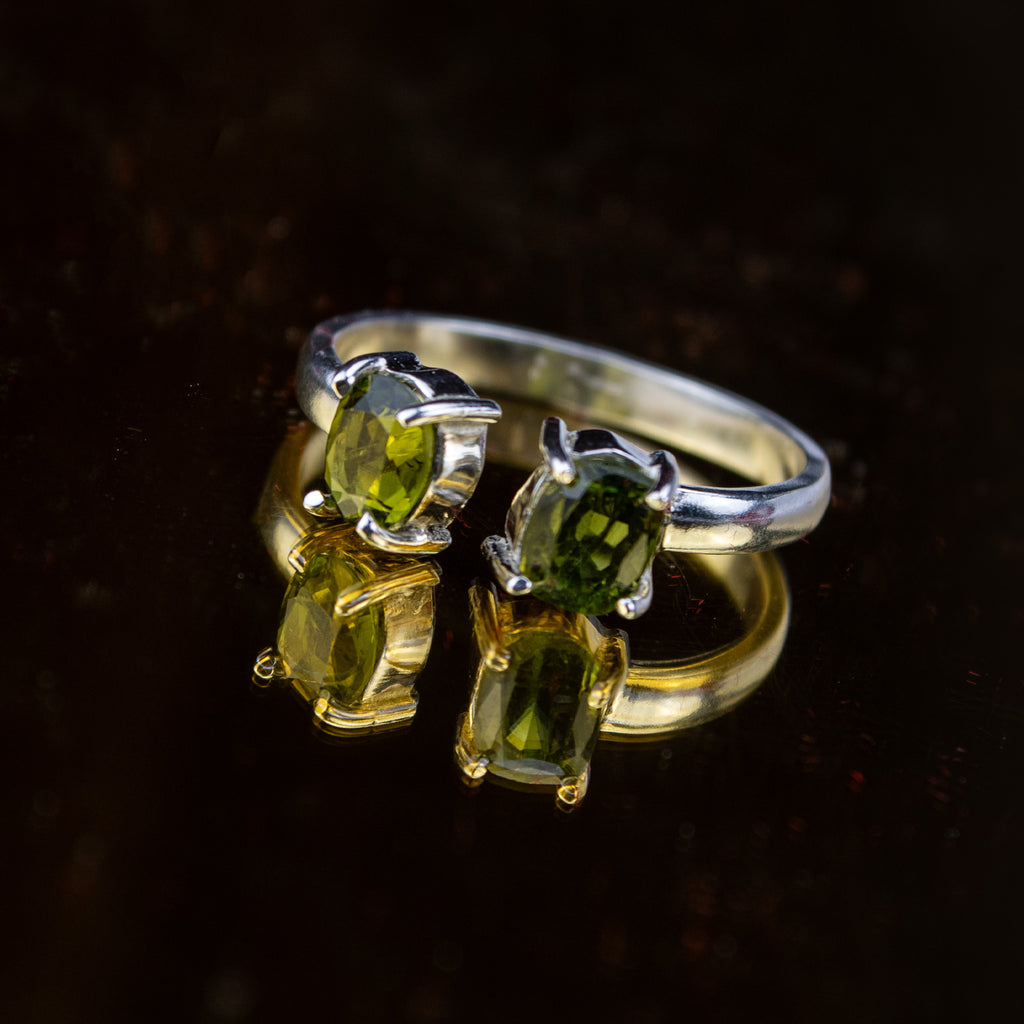 Afghan Forest Green Tourmaline Two-Stone Ring in 925 Sterling Silver – Open Design Minimal Ring – Handmade Natural Gemstone Ring – Size 21 mm