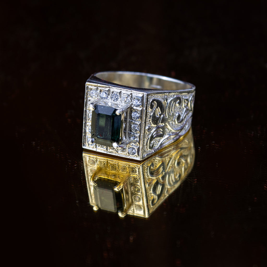 Afghan Indigo Tourmaline Ring in 925 Sterling Silver – Bold Square Signet Ring – Natural Deep Blue Green Stone – Size 21 mm