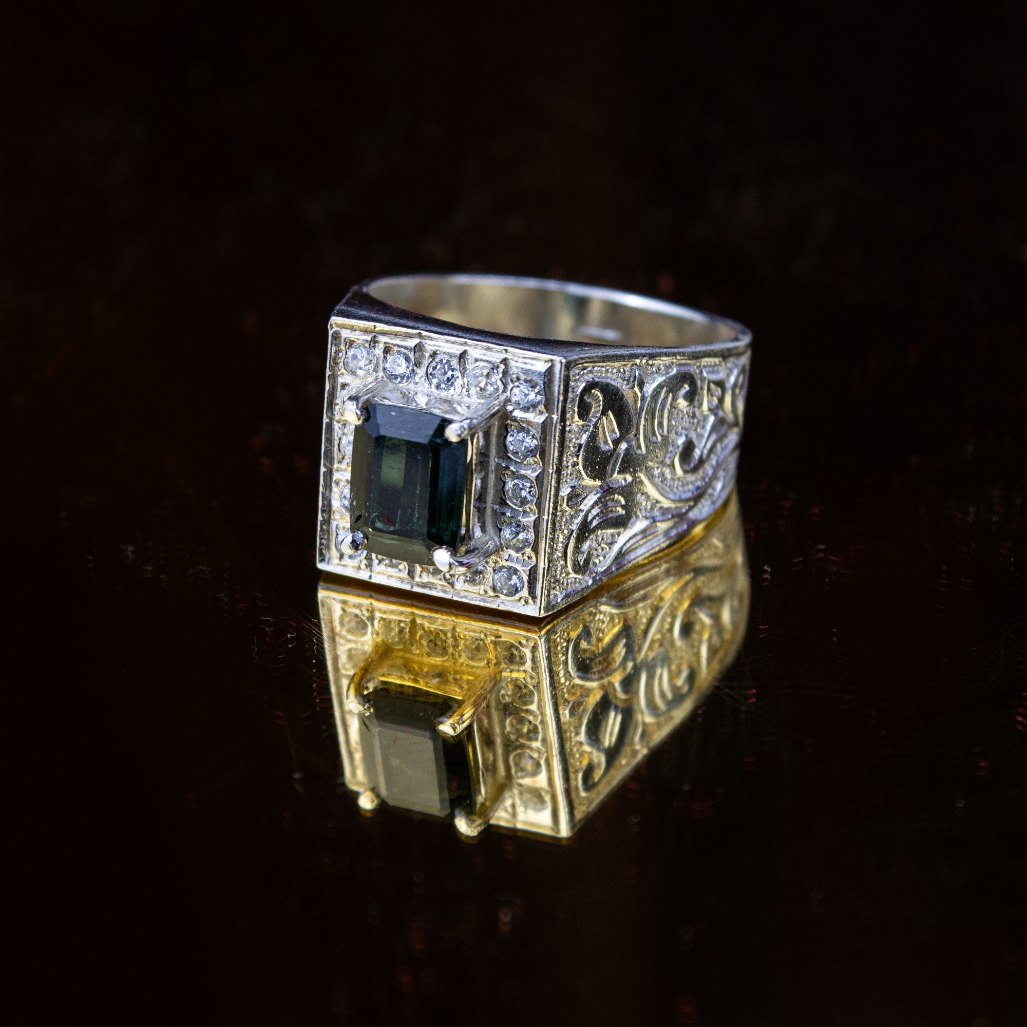 Afghan Indigo Tourmaline Ring in 925 Sterling Silver – Bold Square Signet Ring – Natural Deep Blue Green Stone – Size 21 mm