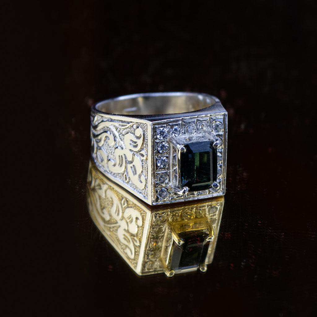 Afghan Indigo Tourmaline Ring in 925 Sterling Silver – Bold Square Signet Ring – Natural Deep Blue Green Stone – Size 21 mm