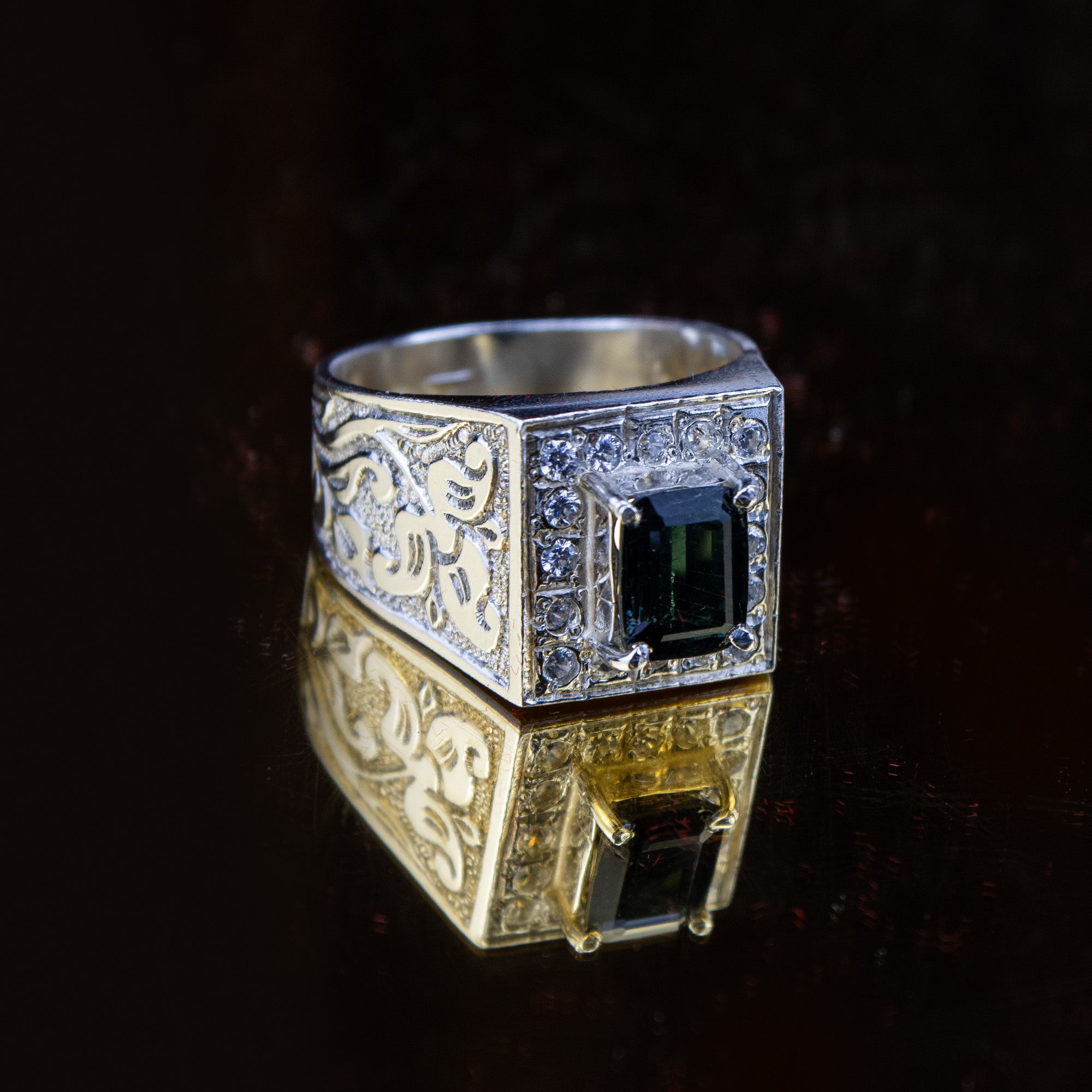 Afghan Indigo Tourmaline Ring in 925 Sterling Silver – Bold Square Signet Ring – Natural Deep Blue Green Stone – Size 21 mm