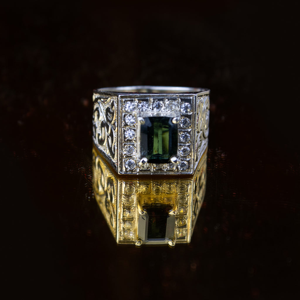 Afghan Indigo Tourmaline Ring in 925 Sterling Silver – Bold Square Signet Ring – Natural Deep Blue Green Stone – Size 21 mm