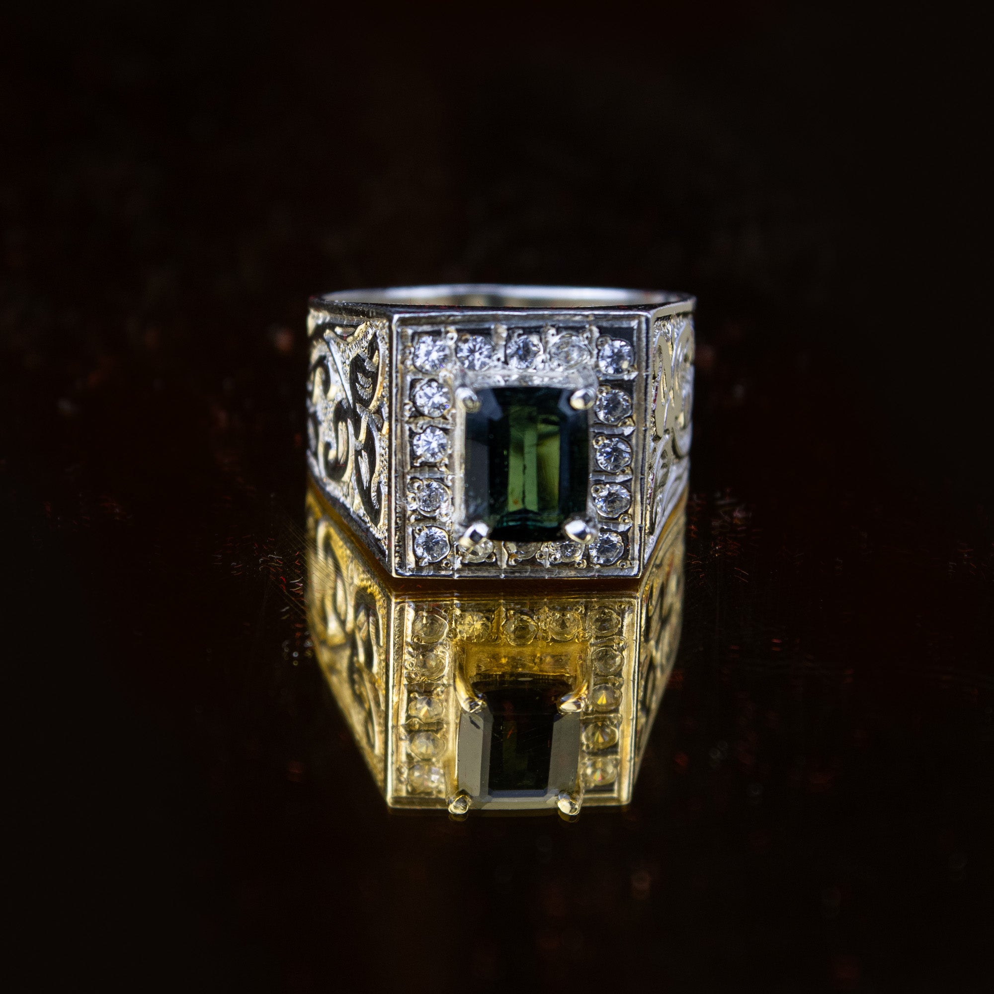 Afghan Indigo Tourmaline Ring in 925 Sterling Silver – Bold Square Signet Ring – Natural Deep Blue Green Stone – Size 21 mm