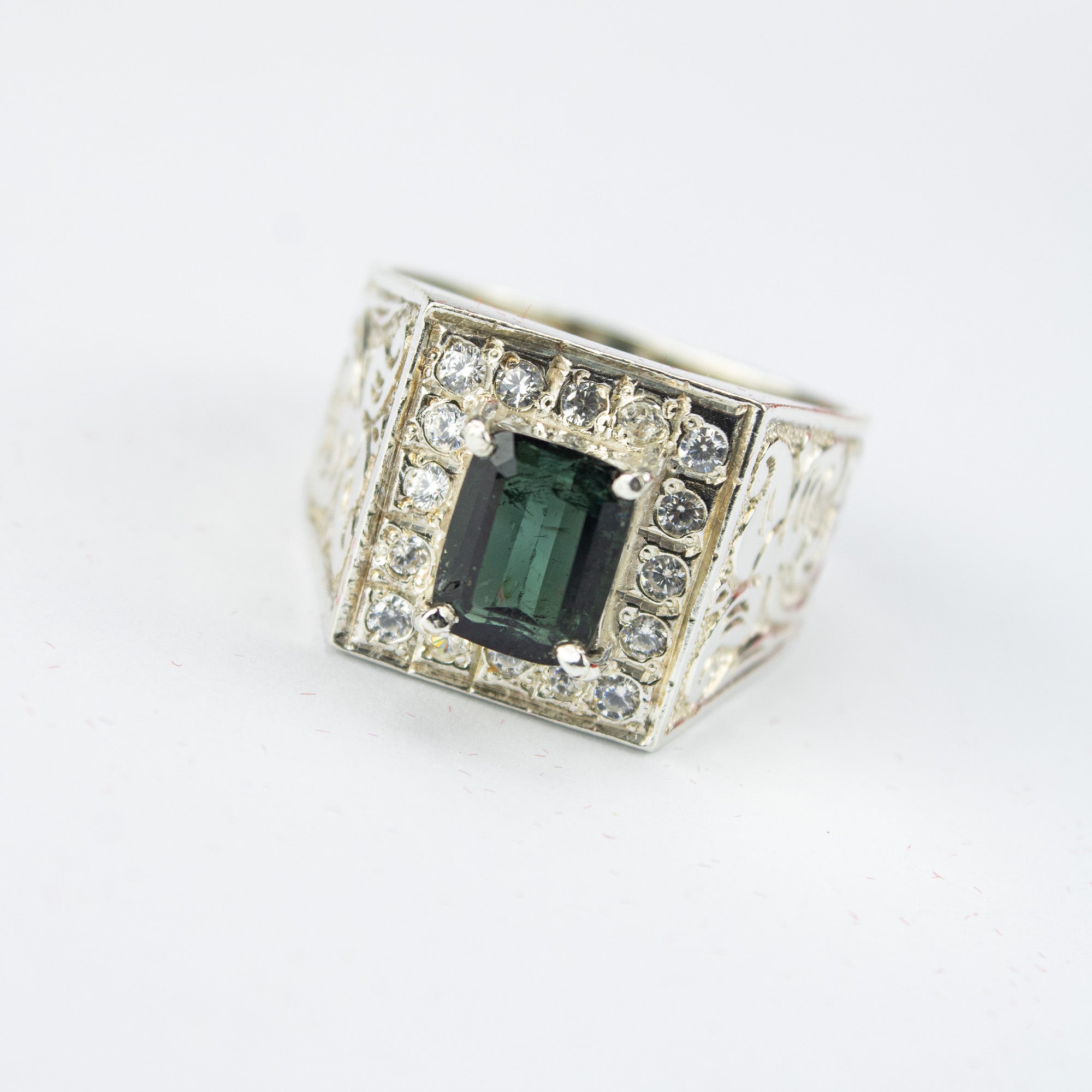 Afghan Indigo Tourmaline Ring in 925 Sterling Silver – Bold Square Signet Ring – Natural Deep Blue Green Stone – Size 21 mm