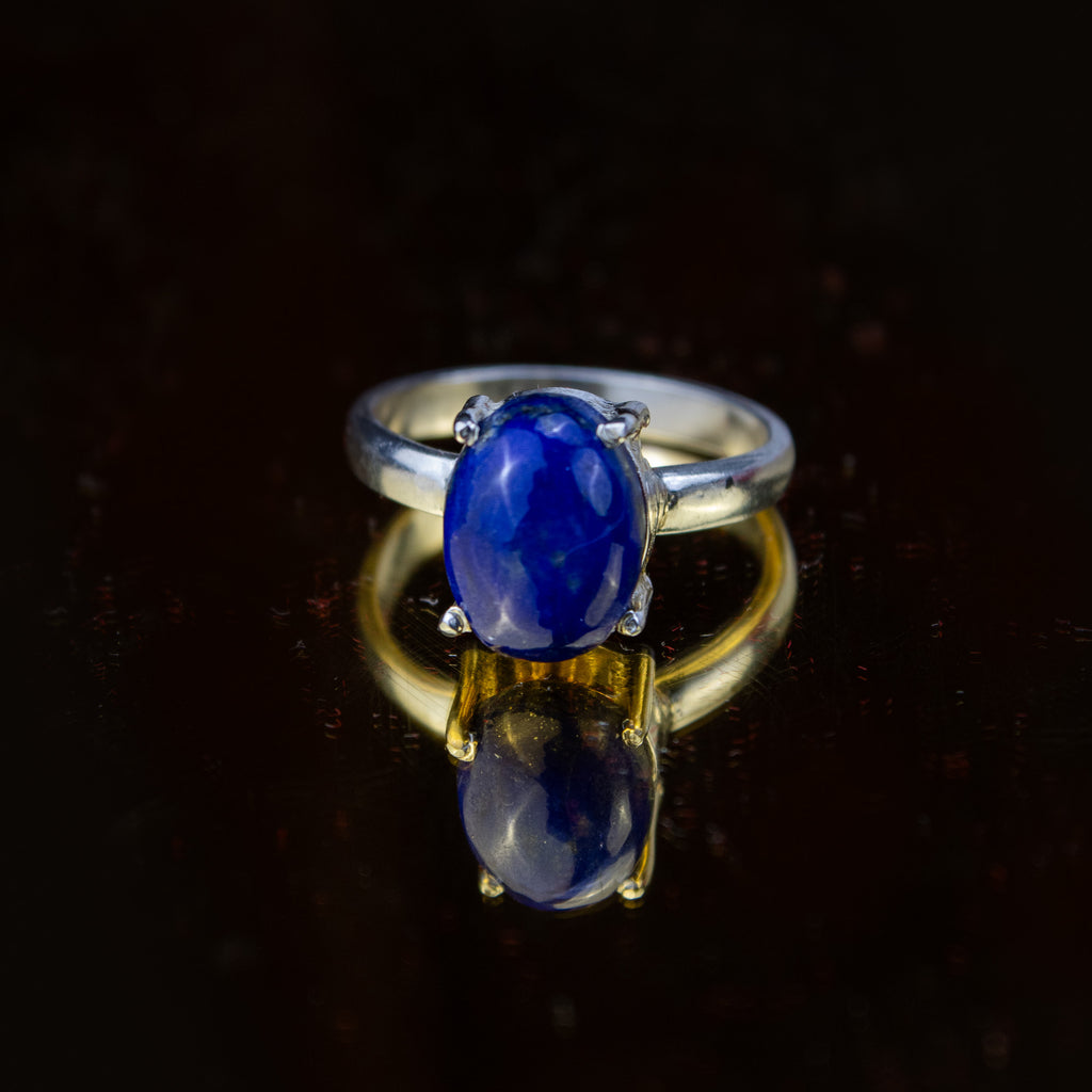 Afghan Lapis Lazuli Ring in 925 Silver – Oval Deep Blue Stone – Classic Minimal Ring – Size 19 mm