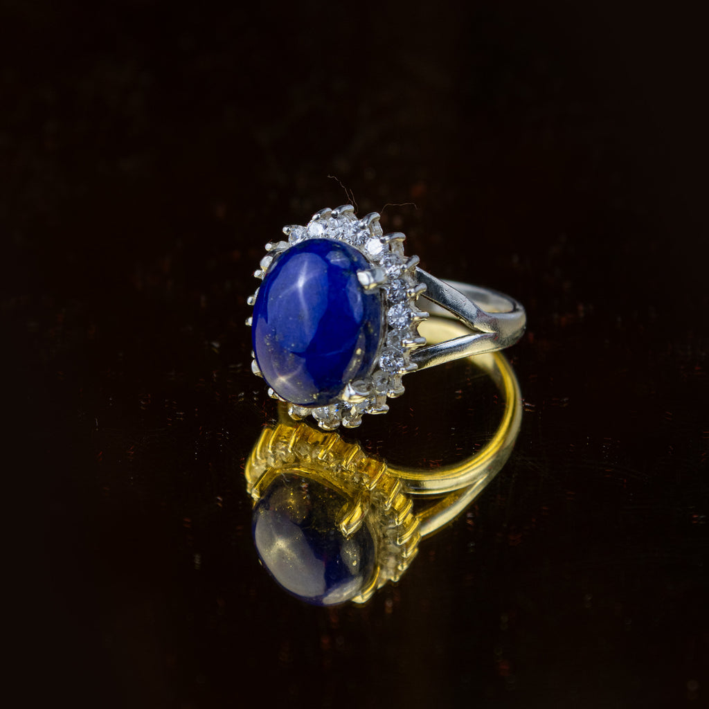 Lapis Lazuli Halo Ring in 925 Silver – Oval Blue Stone with Crystal Setting – Size 19 mm