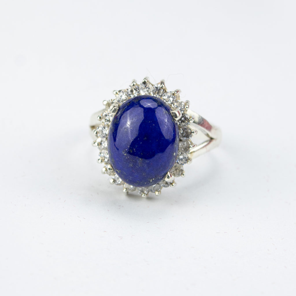 Lapis Lazuli Halo Ring in 925 Silver – Oval Blue Stone with Crystal Setting – Size 19 mm