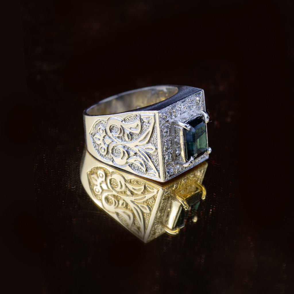 Afghan Indigo Tourmaline Signet Ring in 925 Silver – Emerald Cut Stone with Halo Setting – Size 20 mm