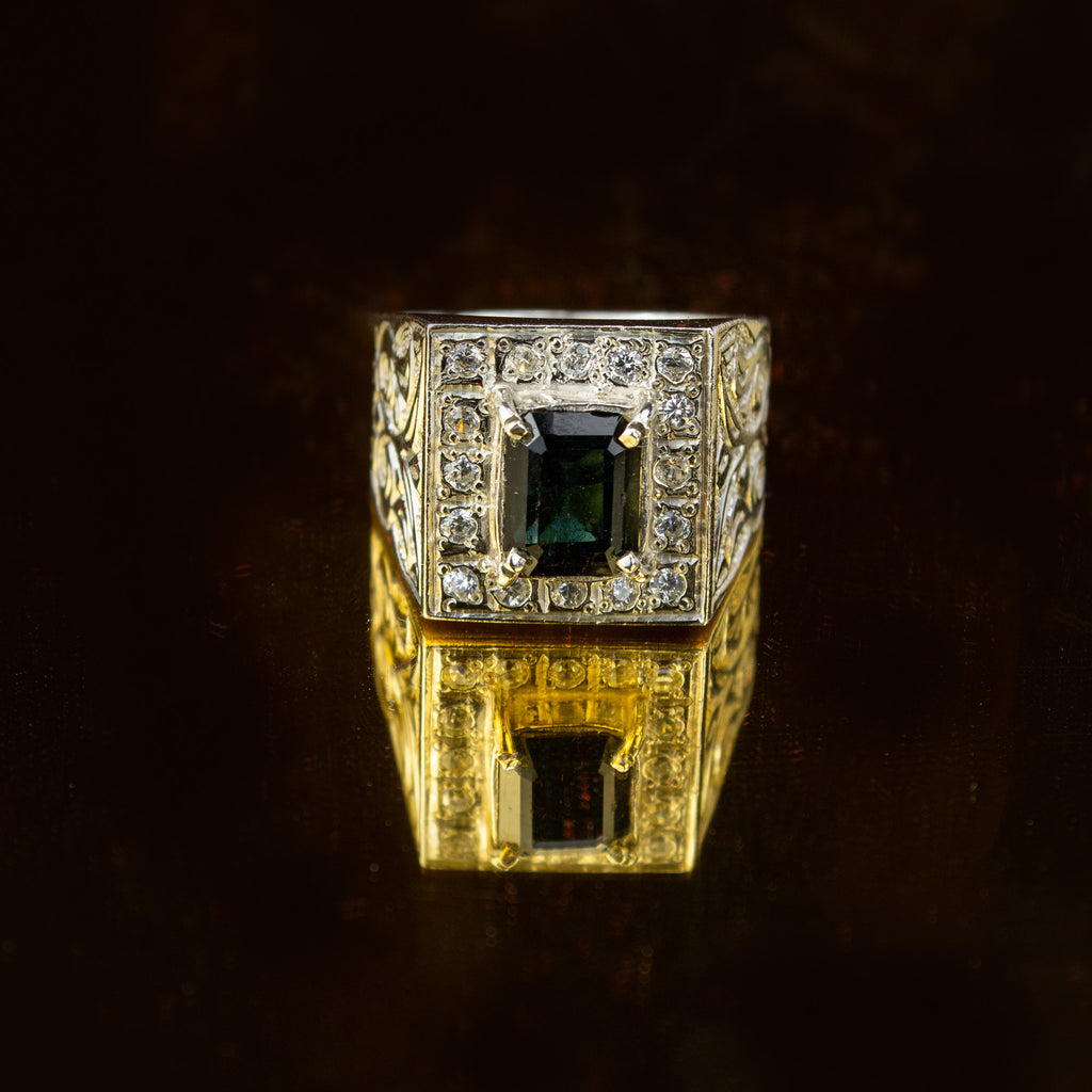 Afghan Indigo Tourmaline Signet Ring in 925 Silver – Emerald Cut Stone with Halo Setting – Size 20 mm