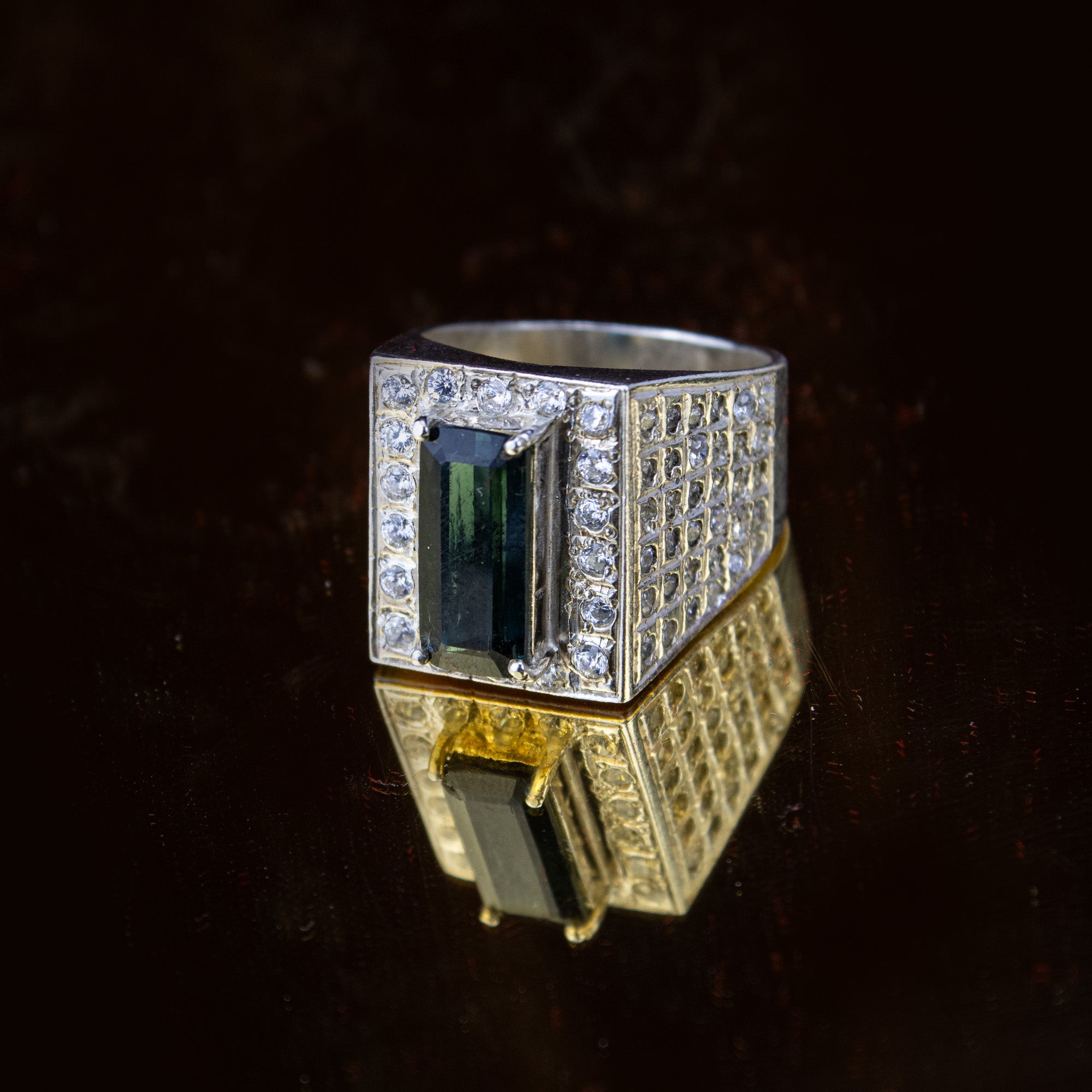 Afghan Indigolite Tourmaline Signet Ring in 925 Silver – Emerald Cut Blue-Green Stone with Halo – Size 20 mm