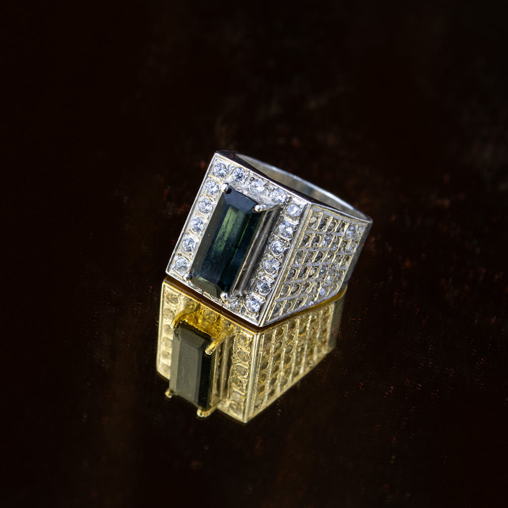 Afghan Indigolite Tourmaline Signet Ring in 925 Silver – Emerald Cut Blue-Green Stone with Halo – Size 20 mm