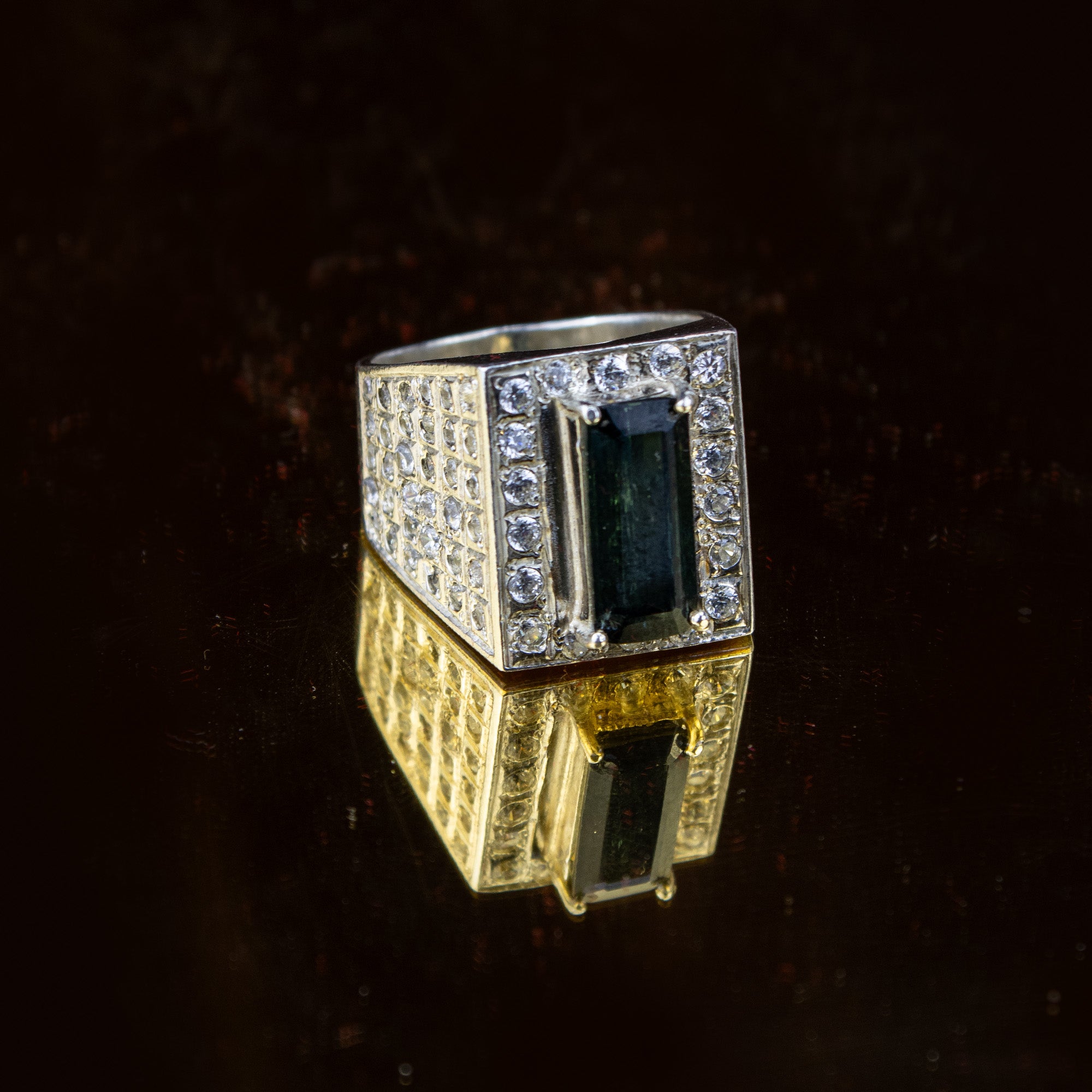 Afghan Indigolite Tourmaline Signet Ring in 925 Silver – Emerald Cut Blue-Green Stone with Halo – Size 20 mm