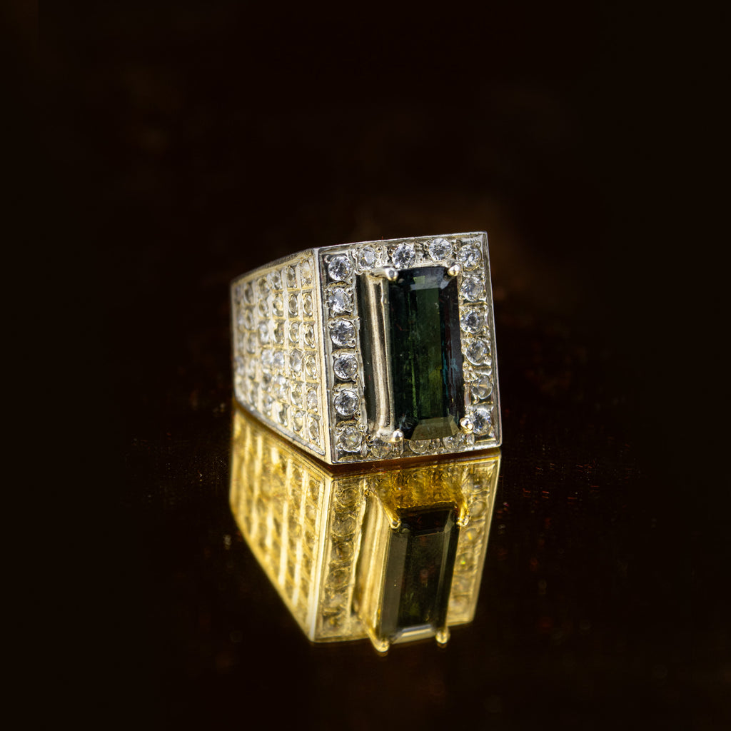 Afghan Indigolite Tourmaline Signet Ring in 925 Silver – Emerald Cut Blue-Green Stone with Halo – Size 20 mm
