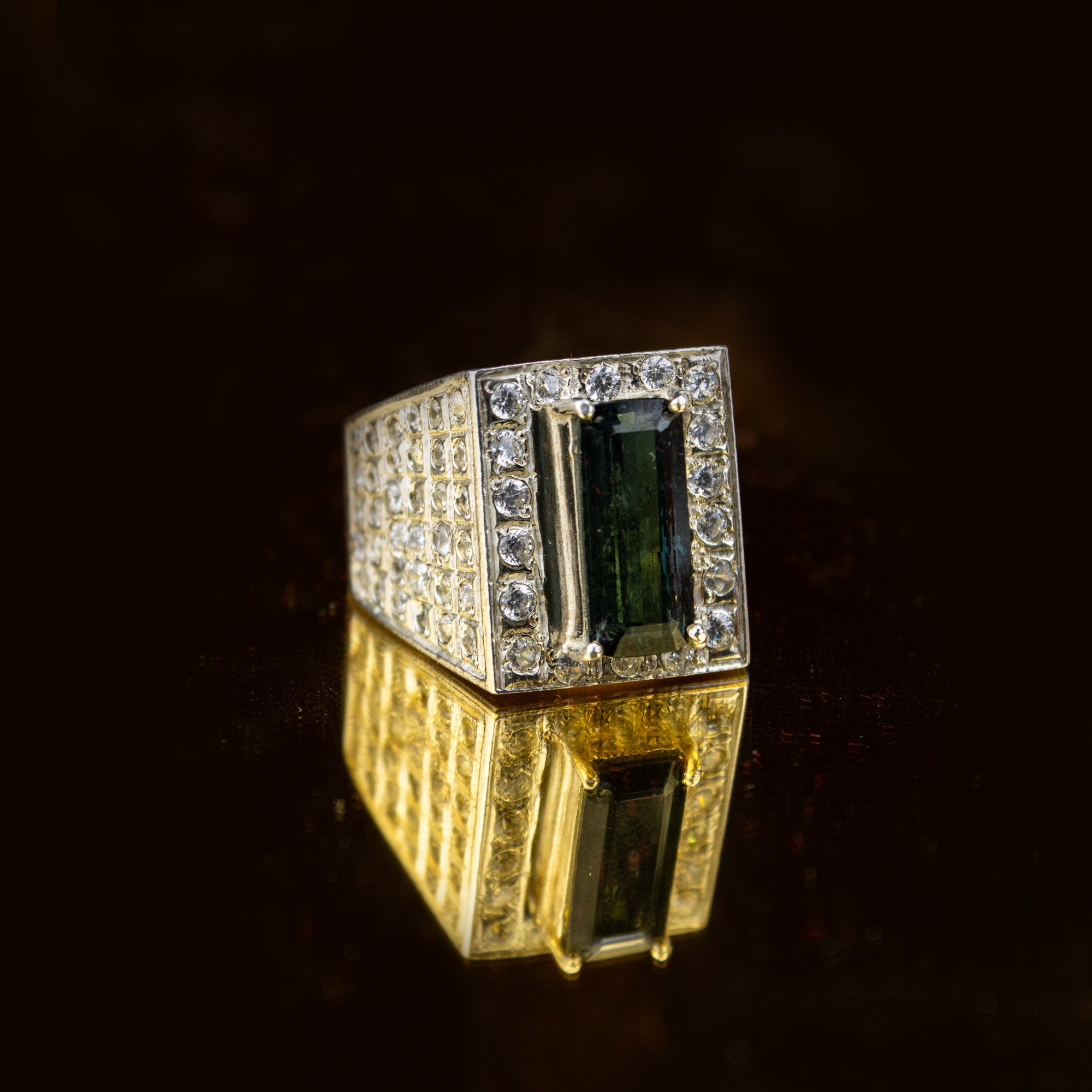 Afghan Indigolite Tourmaline Signet Ring in 925 Silver – Emerald Cut Blue-Green Stone with Halo – Size 20 mm