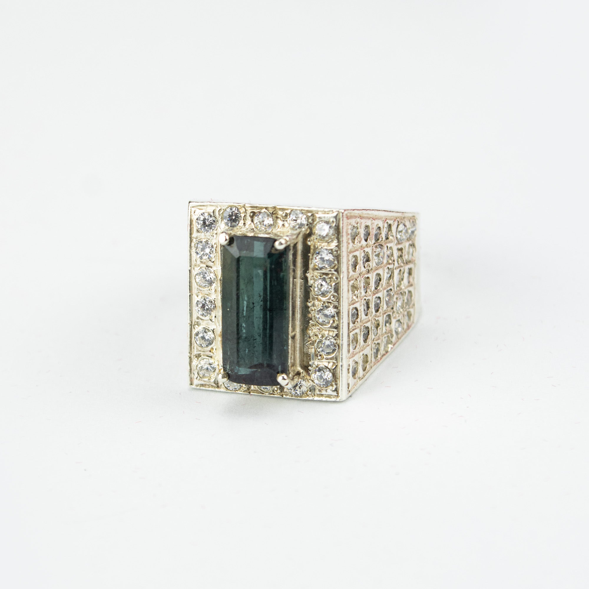 Afghan Indigolite Tourmaline Signet Ring in 925 Silver – Emerald Cut Blue-Green Stone with Halo – Size 20 mm