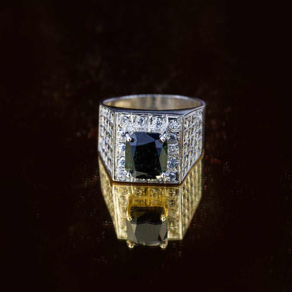 Afghan Green Tourmaline Signet Ring in 925 Silver – Emerald Cut Stone with Crystal Halo – Size 20 mm