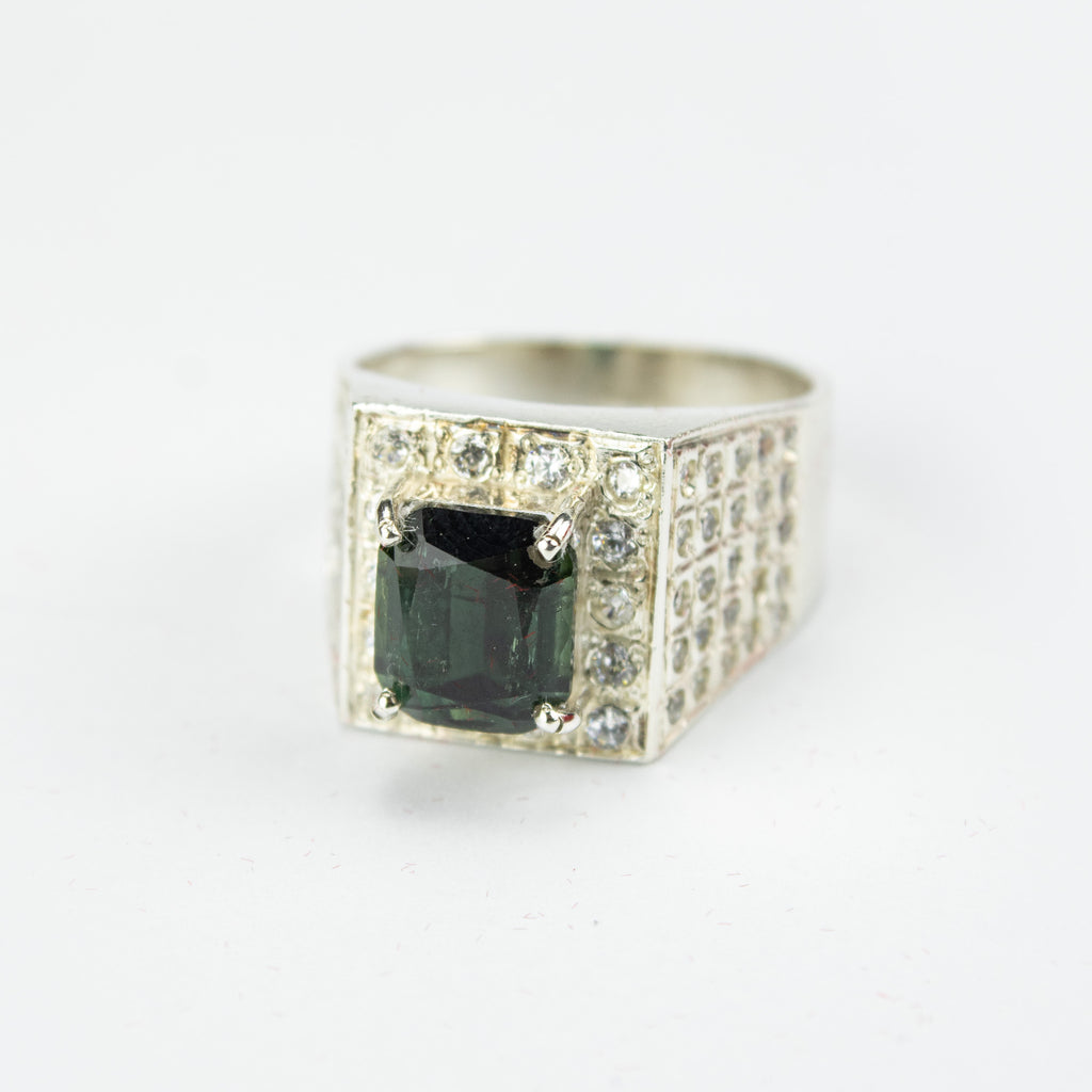 Afghan Green Tourmaline Signet Ring in 925 Silver – Emerald Cut Stone with Crystal Halo – Size 20 mm