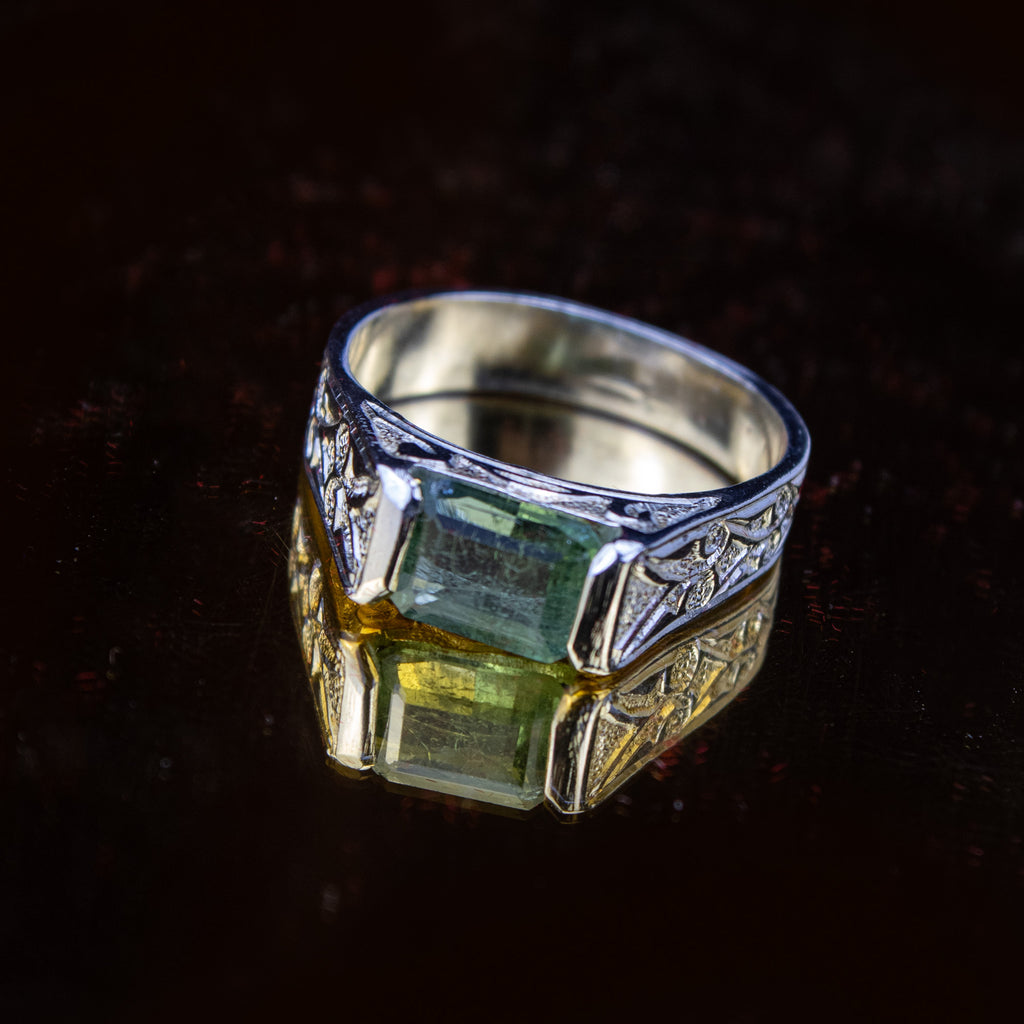 Afghan Bright Green Tourmaline Ring in 925 Silver – Emerald Cut Minimal Signet – Size 21 mm