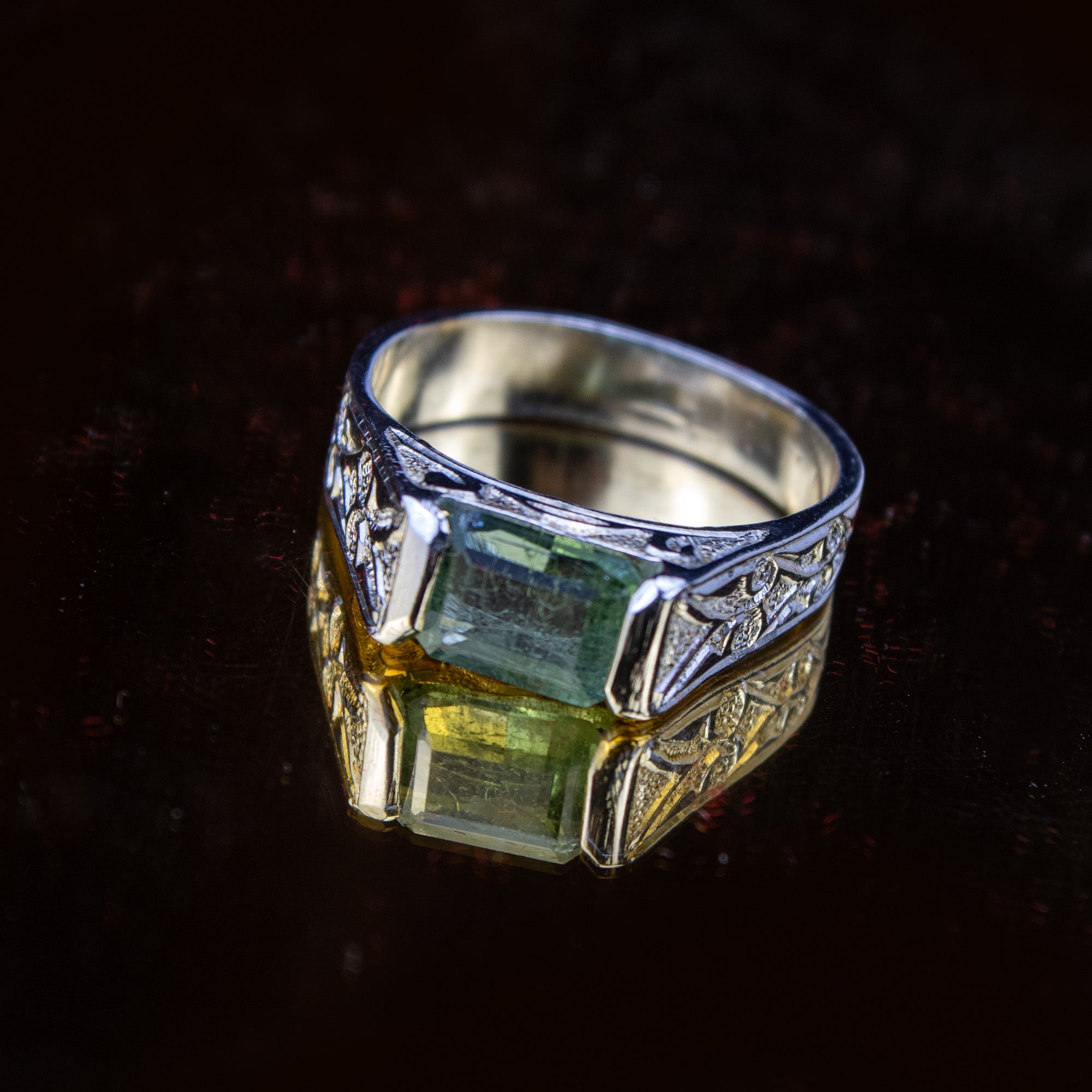 Afghan Bright Green Tourmaline Ring in 925 Silver – Emerald Cut Minimal Signet – Size 21 mm