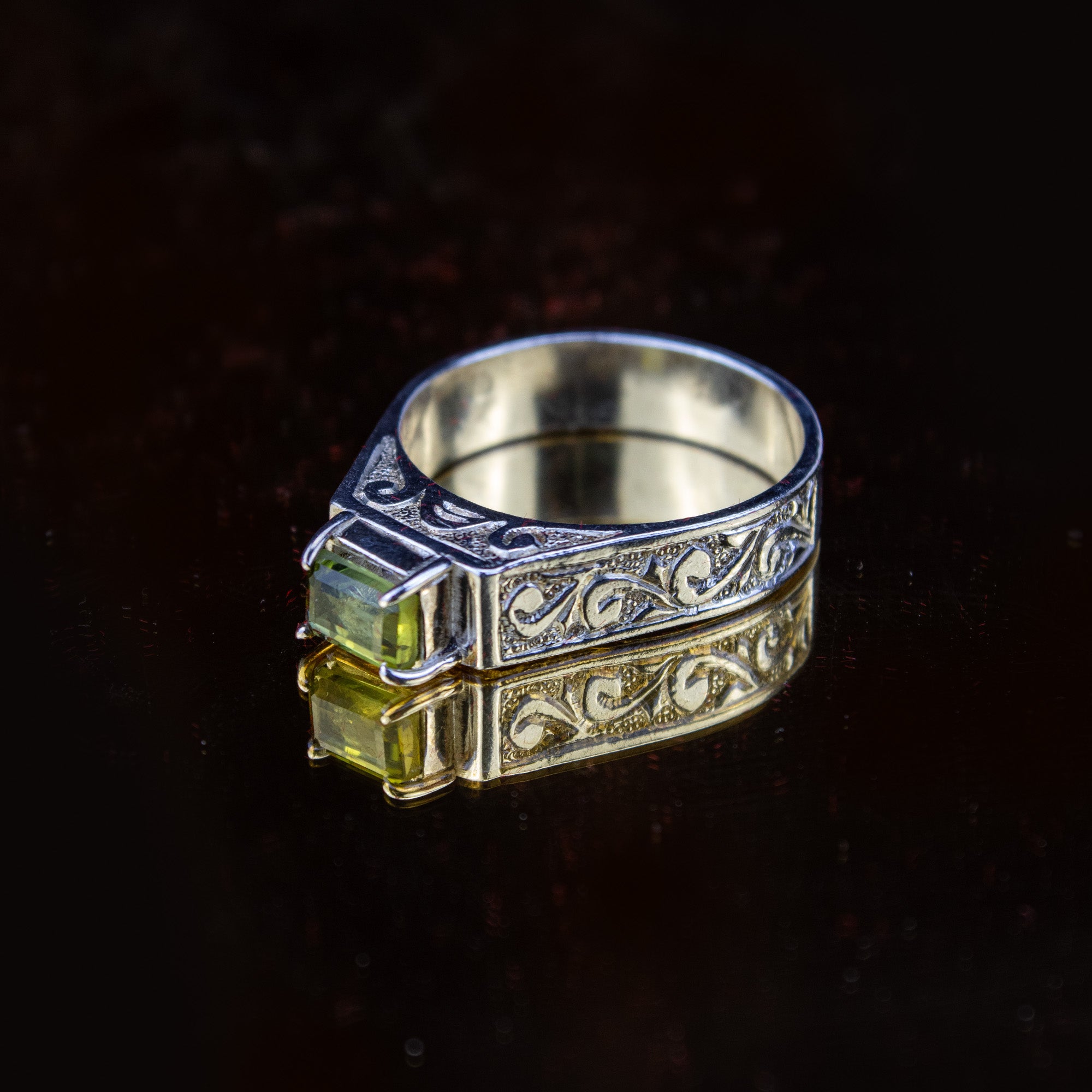 Afghan Bright Green Tourmaline Ring in 925 Silver – Emerald Cut Engraved Ring – Size 22 mm