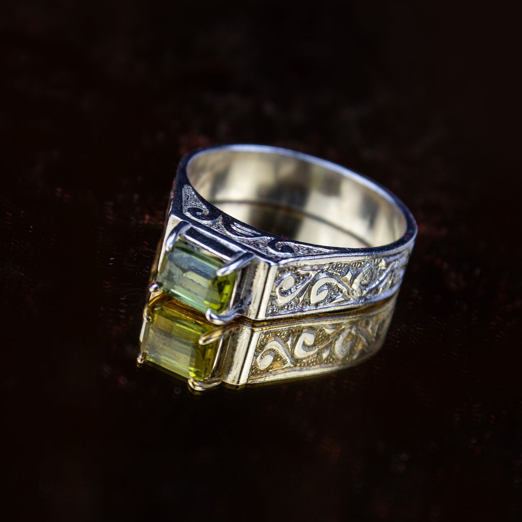 Afghan Bright Green Tourmaline Ring in 925 Silver – Emerald Cut Engraved Ring – Size 22 mm