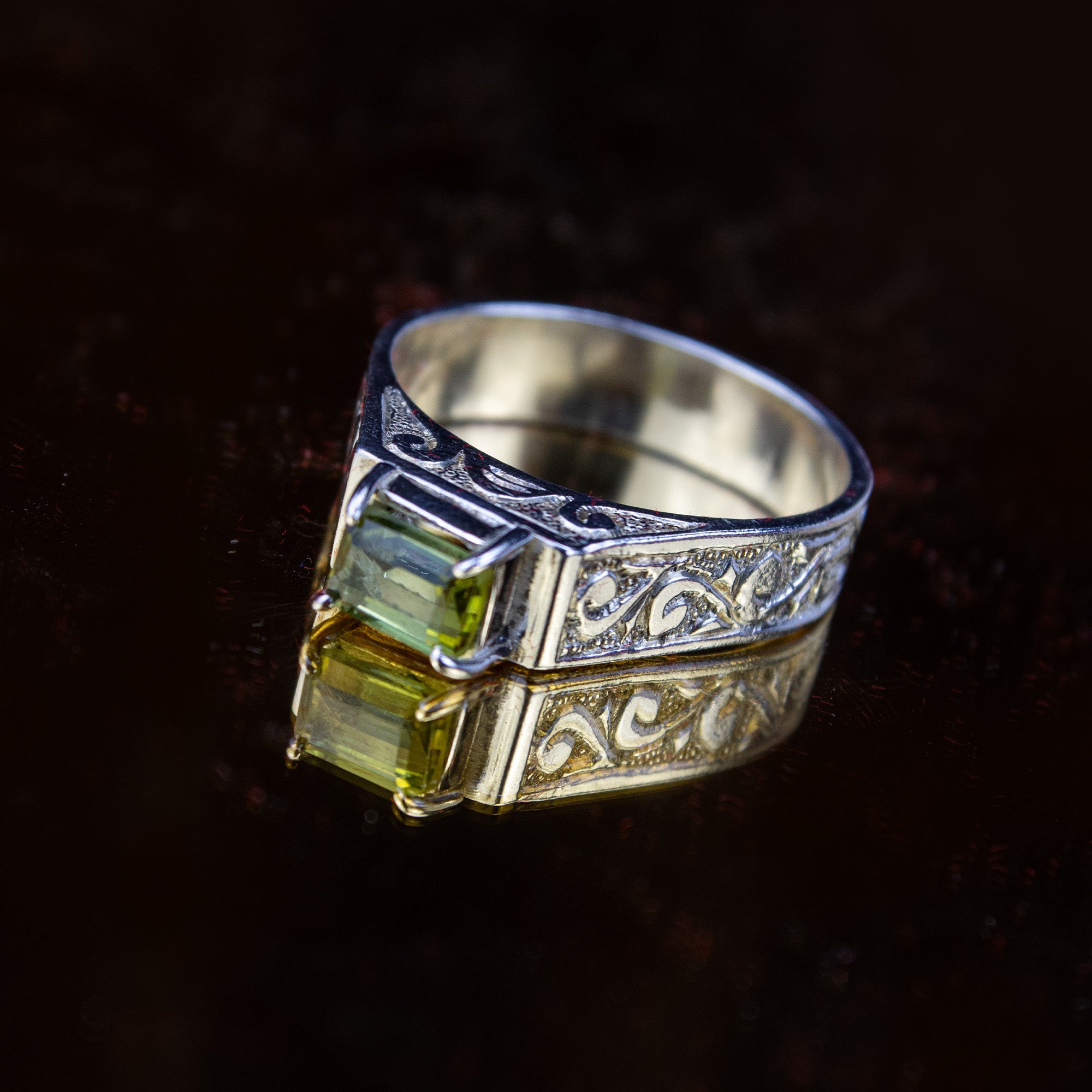 Afghan Bright Green Tourmaline Ring in 925 Silver – Emerald Cut Engraved Ring – Size 22 mm