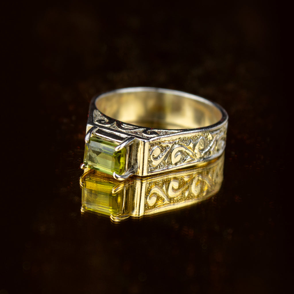 Afghan Bright Green Tourmaline Ring in 925 Silver – Emerald Cut Engraved Ring – Size 22 mm