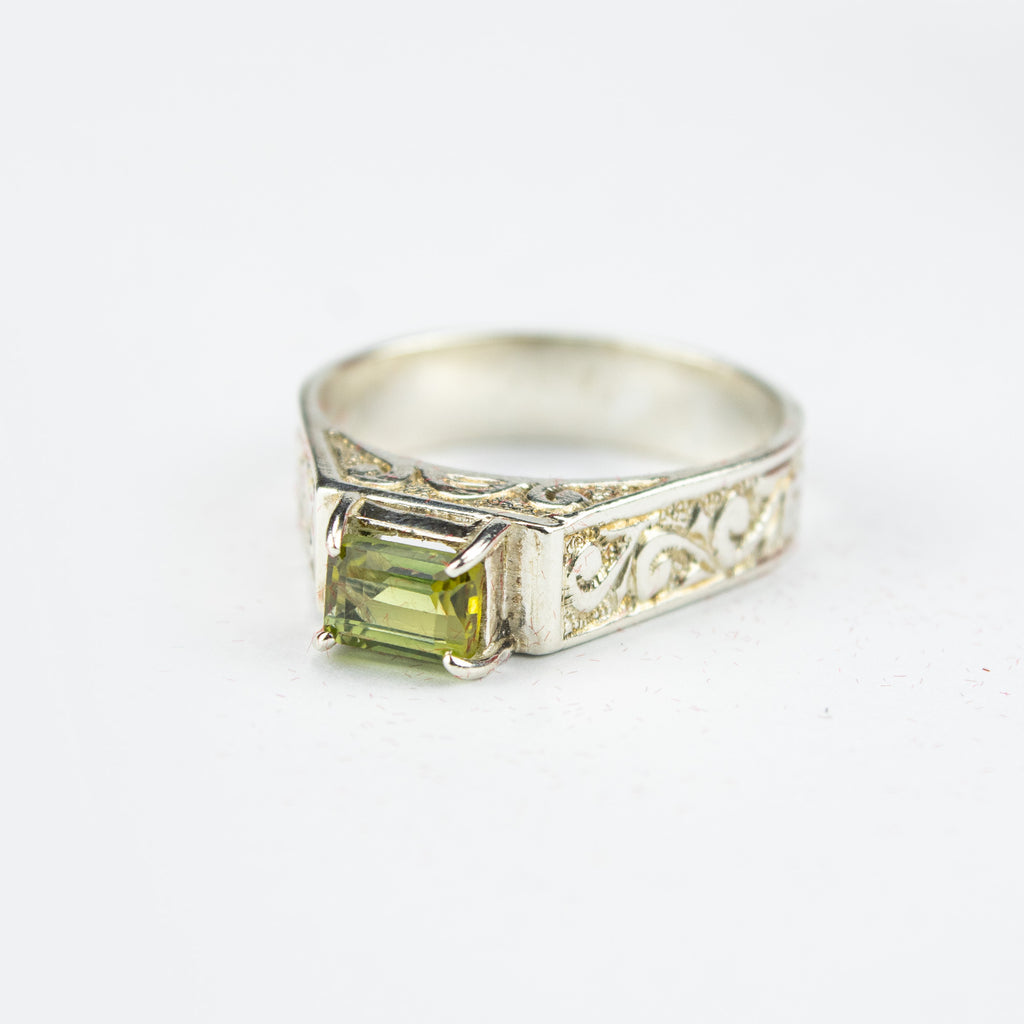 Afghan Bright Green Tourmaline Ring in 925 Silver – Emerald Cut Engraved Ring – Size 22 mm