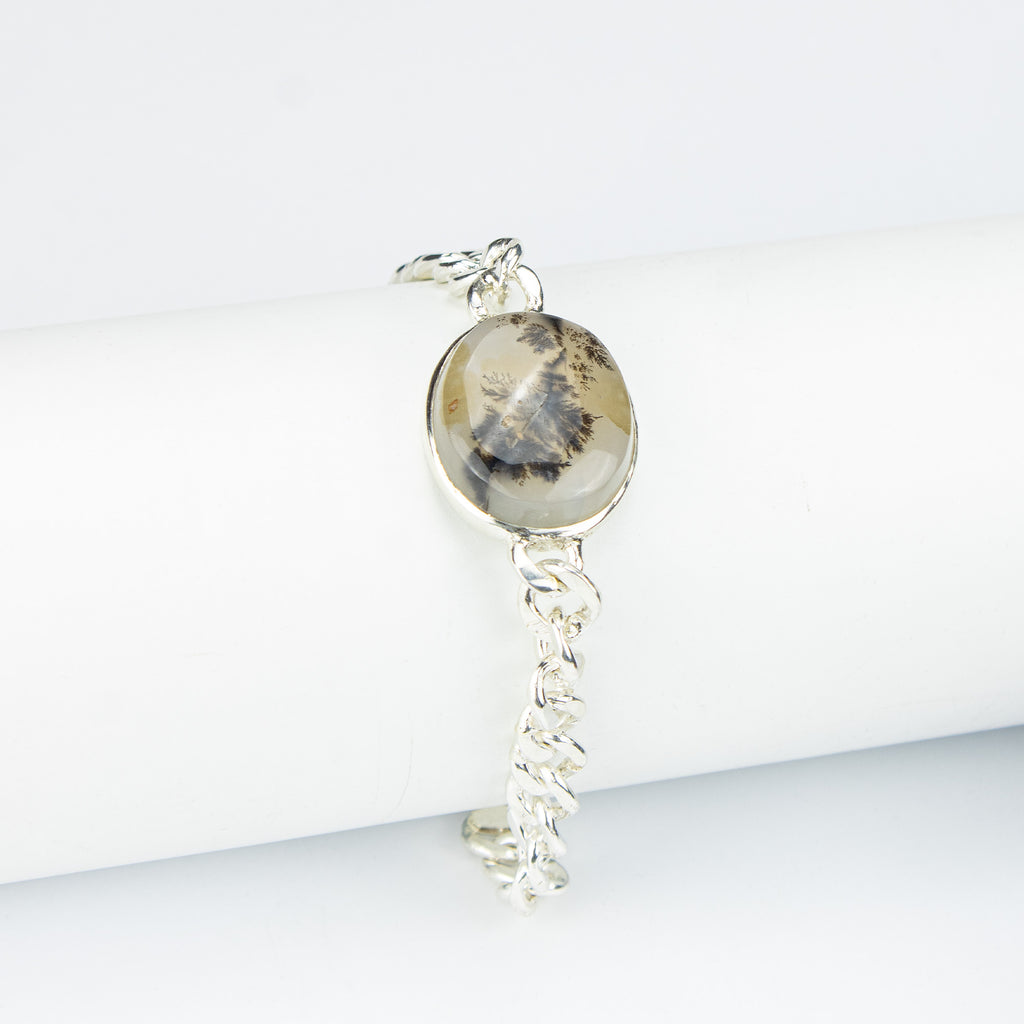 Afghan Dendritic Agate Men’s Silver Bracelet – 925 Sterling Silver Chain Bracelet – Handmade Natural Stone Jewelry