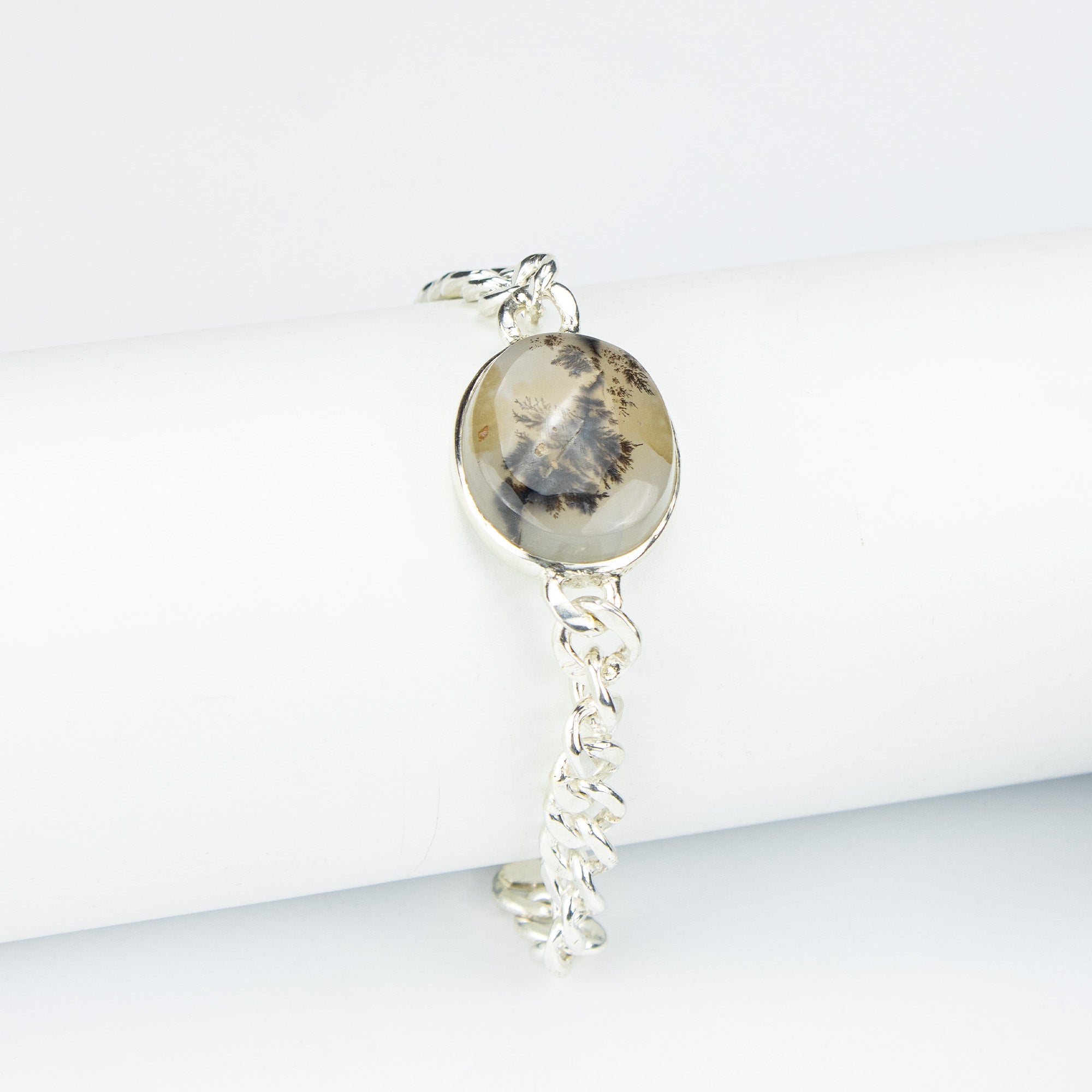 Afghan Dendritic Agate Men’s Silver Bracelet – 925 Sterling Silver Chain Bracelet – Handmade Natural Stone Jewelry