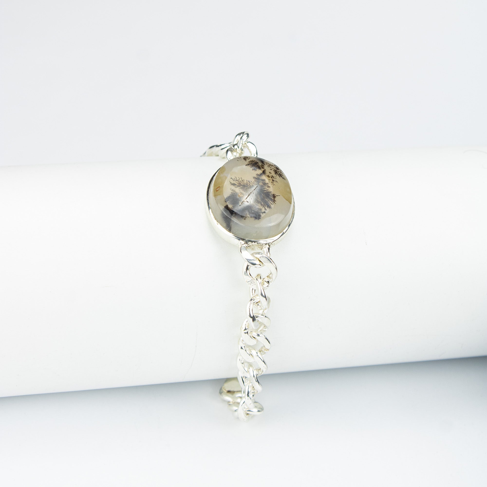 Afghan Dendritic Agate Men’s Silver Bracelet – 925 Sterling Silver Chain Bracelet – Handmade Natural Stone Jewelry