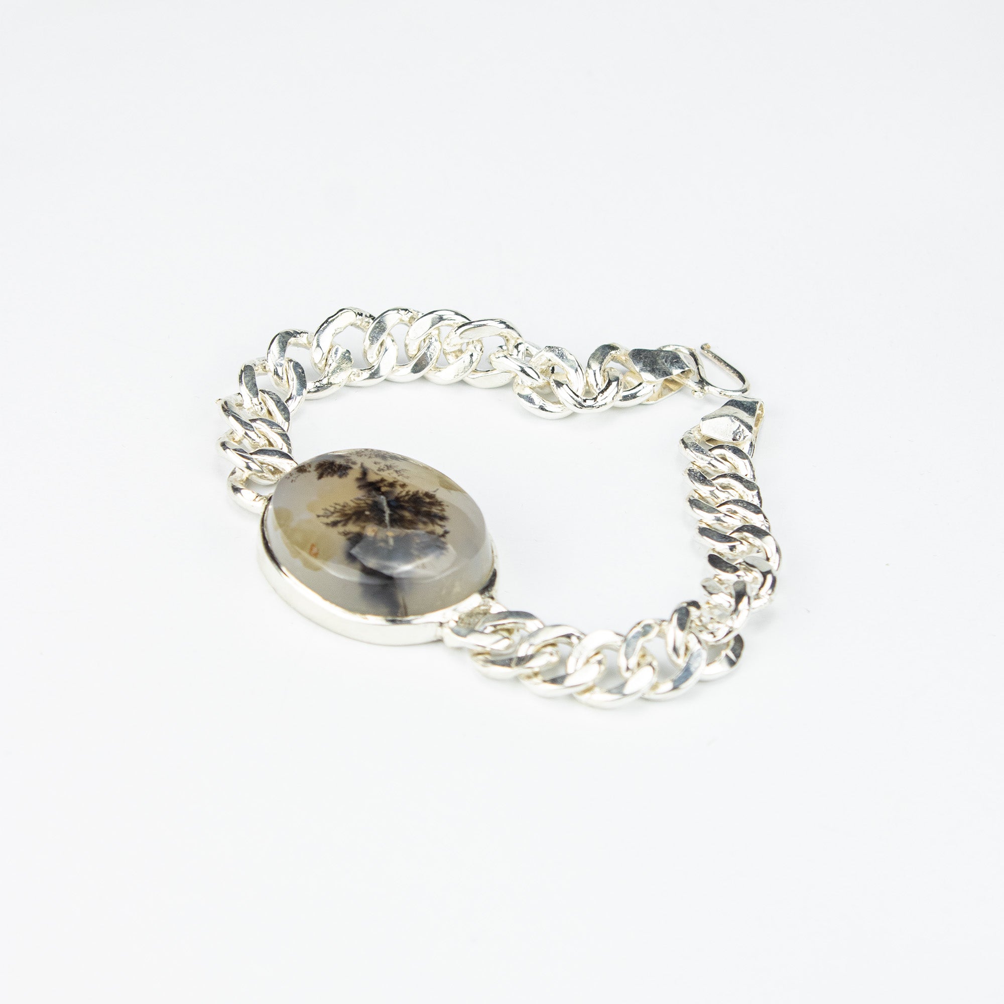 Afghan Dendritic Agate Men’s Silver Bracelet – 925 Sterling Silver Chain Bracelet – Handmade Natural Stone Jewelry