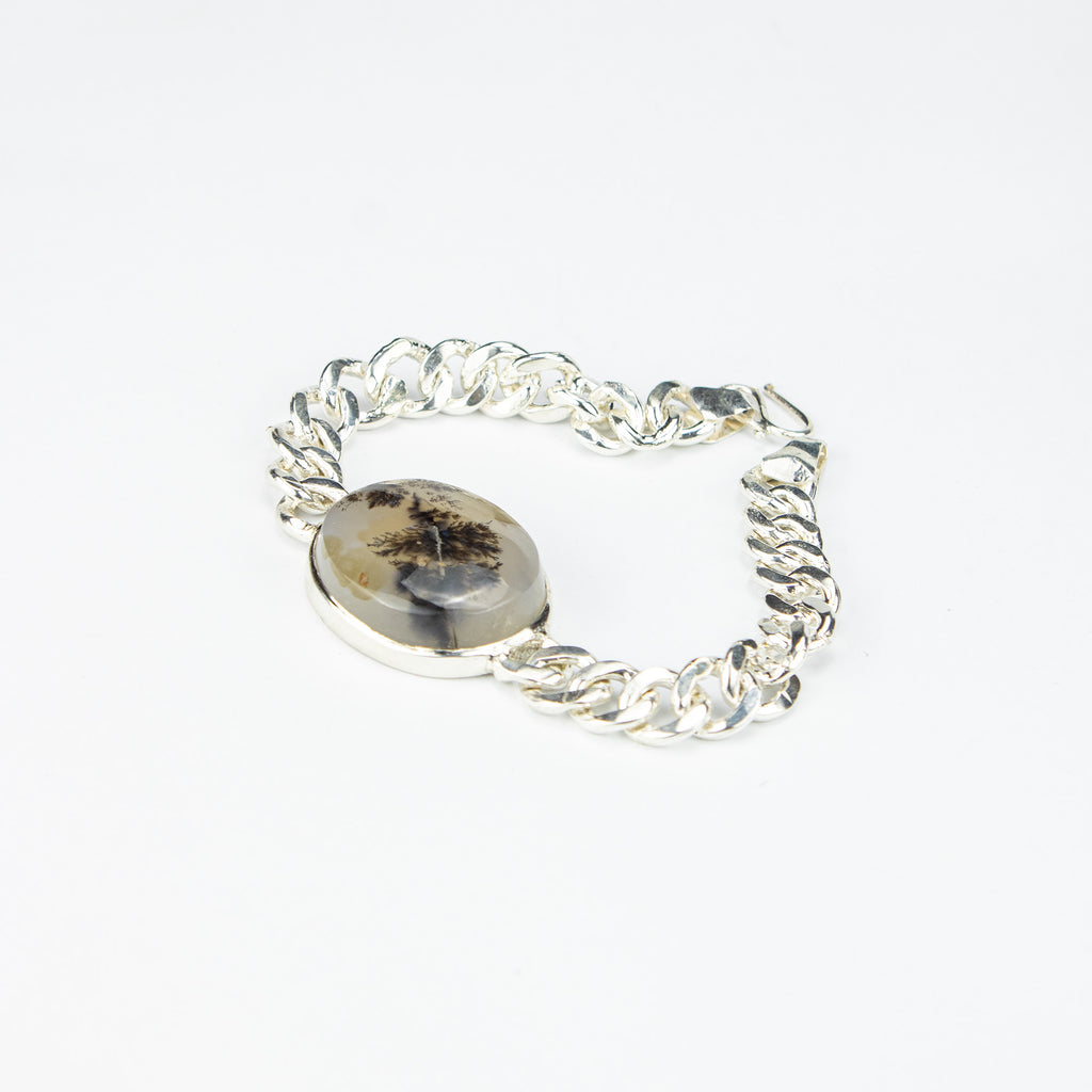 Afghan Dendritic Agate Men’s Silver Bracelet – 925 Sterling Silver Chain Bracelet – Handmade Natural Stone Jewelry
