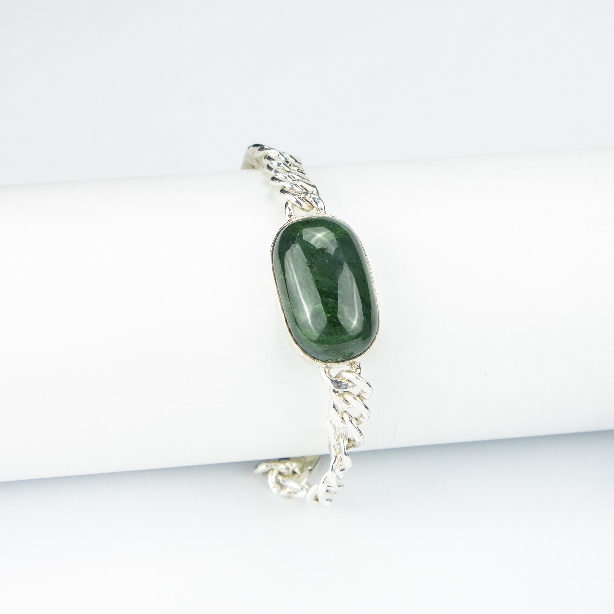 Afghan Nephrite Jade Men’s Silver Bracelet – 925 Sterling Silver Chain Bracelet – Handmade Luxury Jewelry